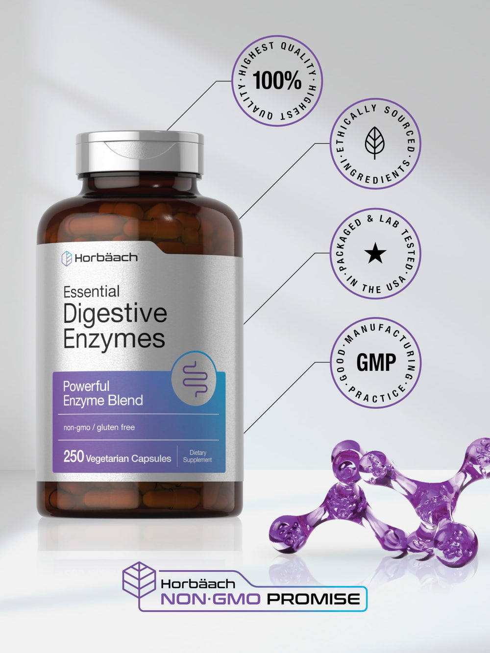 Horbäach Essential Digestive Enzymes ingredient list close-up showing plant enzymes