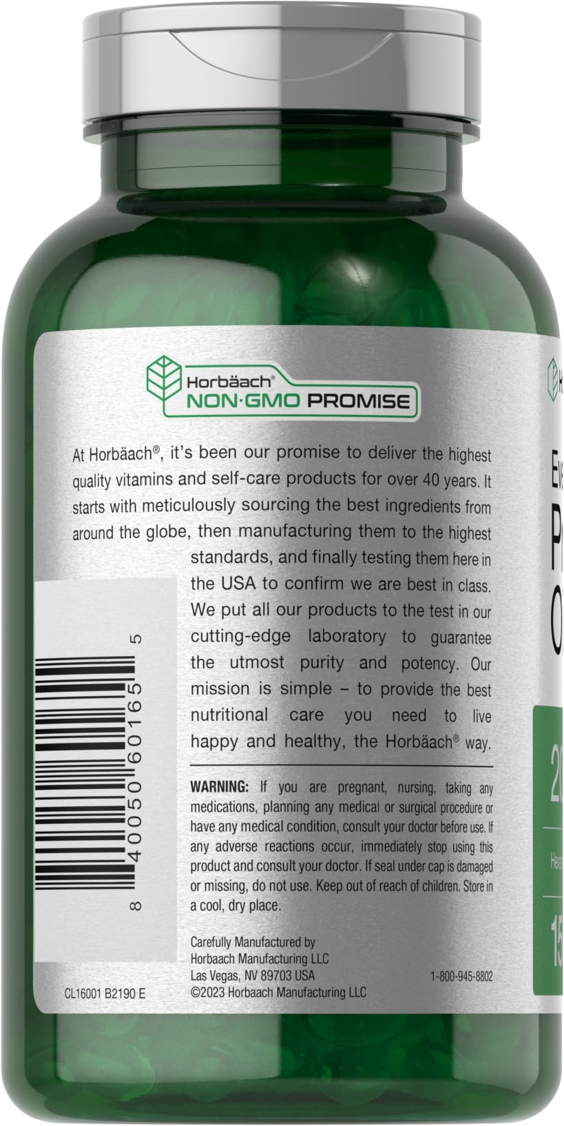 Bottle label detail highlights hexane-free, non-GMO quality from Horbäach.