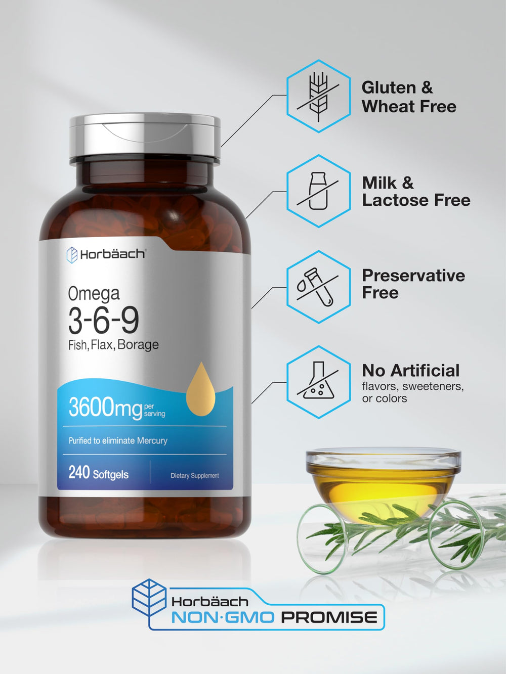 Horbäach flaxseed oil softgels bottle for plant-based omega option.