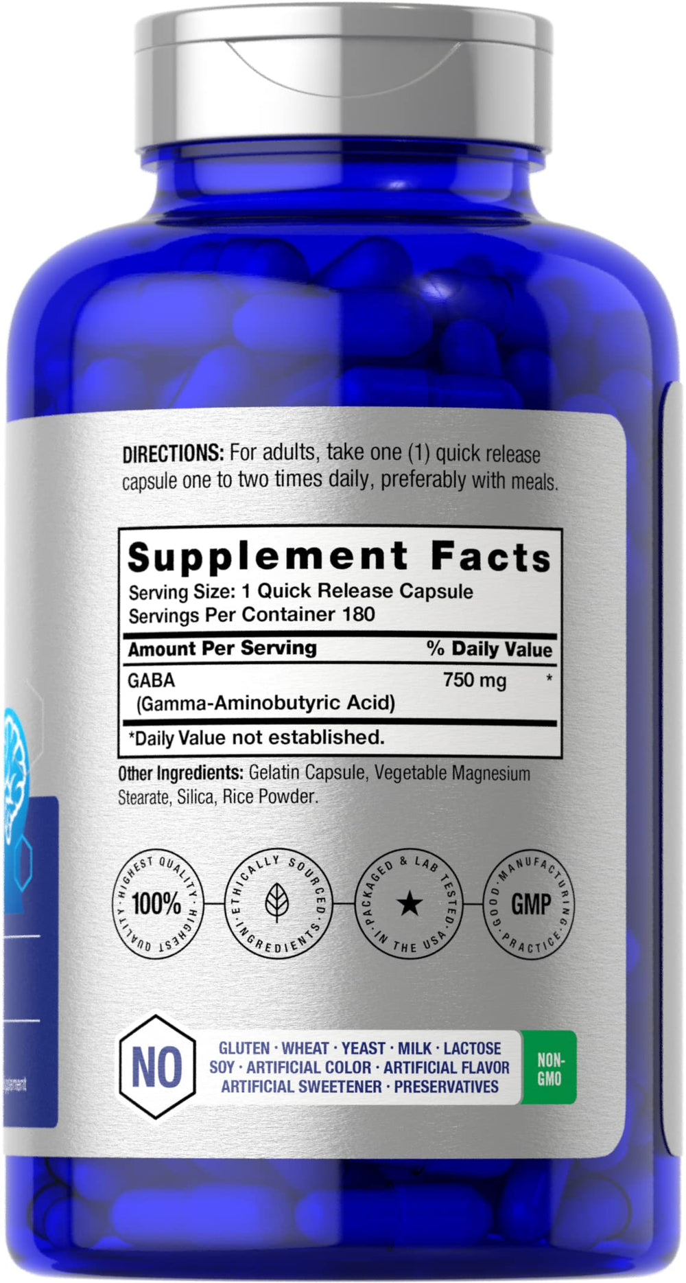Horbaach GABA 750mg capsules closeup highlights quick-release formula for on-the-go support.
