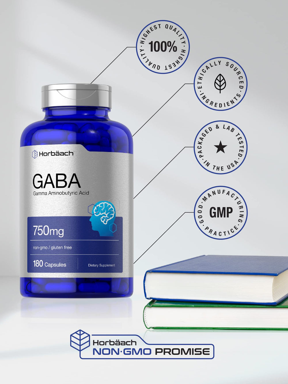 Horbaach GABA 750mg gluten-free icon signals dietary compatibility.