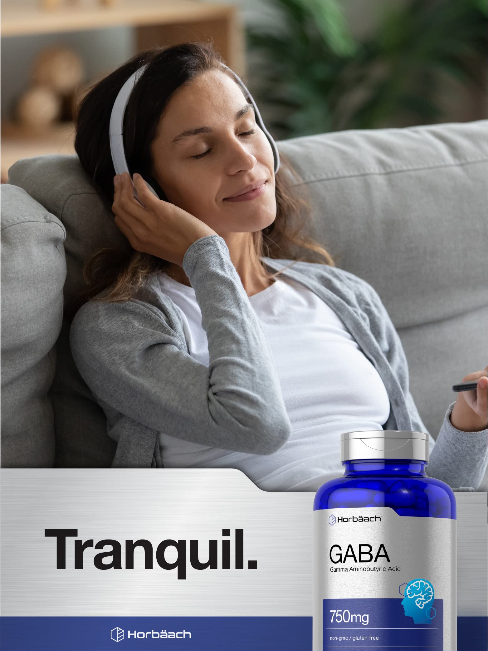 Horbaach GABA 750mg non-GMO icon conveys product integrity.