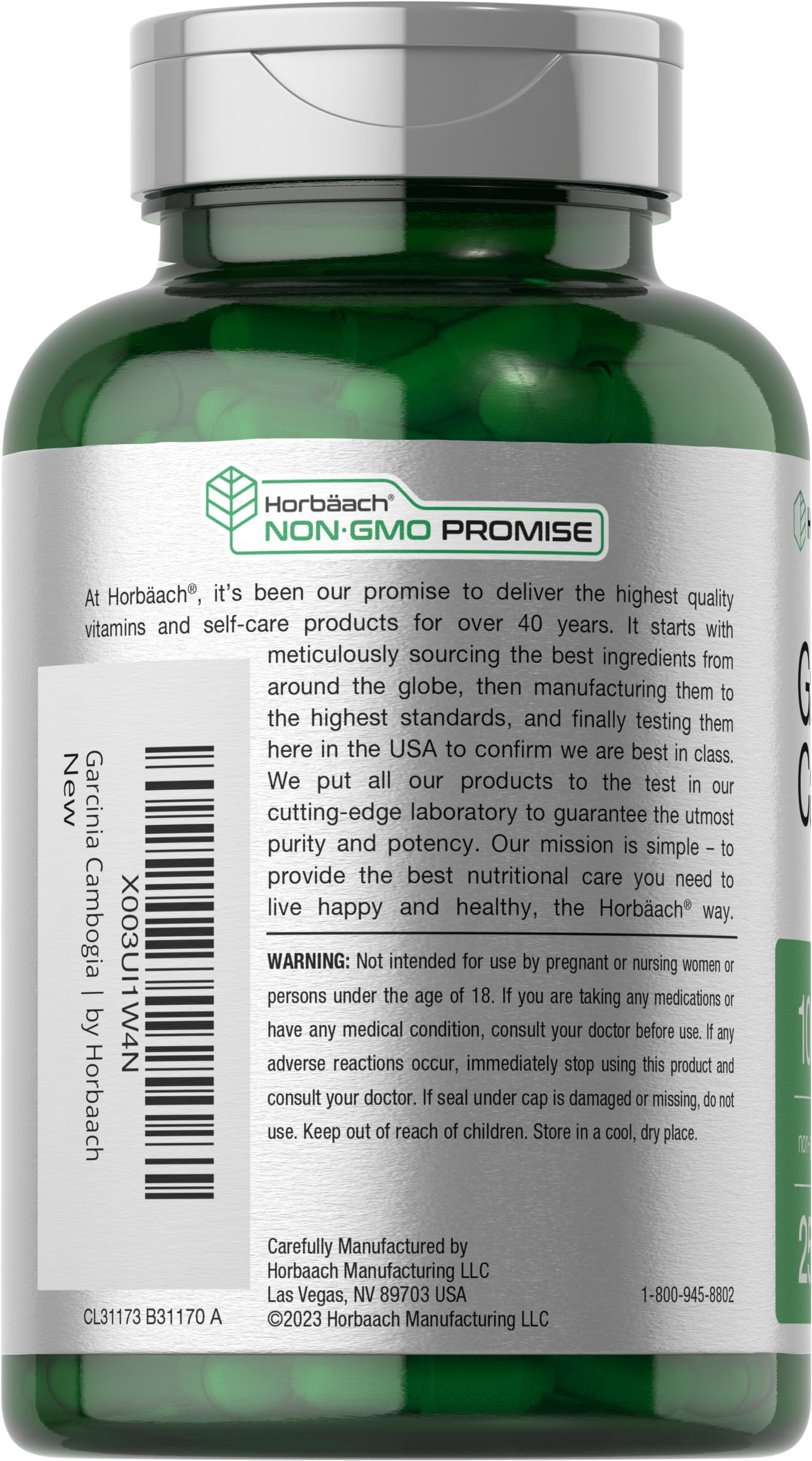 Horbaach Garcinia Cambogia bottle label featuring gluten-free and non-GMO details.