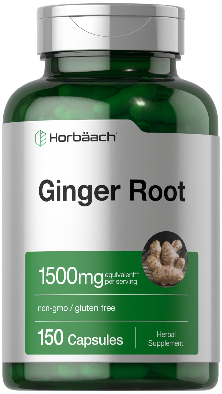 Horbäach Ginger Root Capsules 1500 mg bottle for daily wellness and gluten-free use
