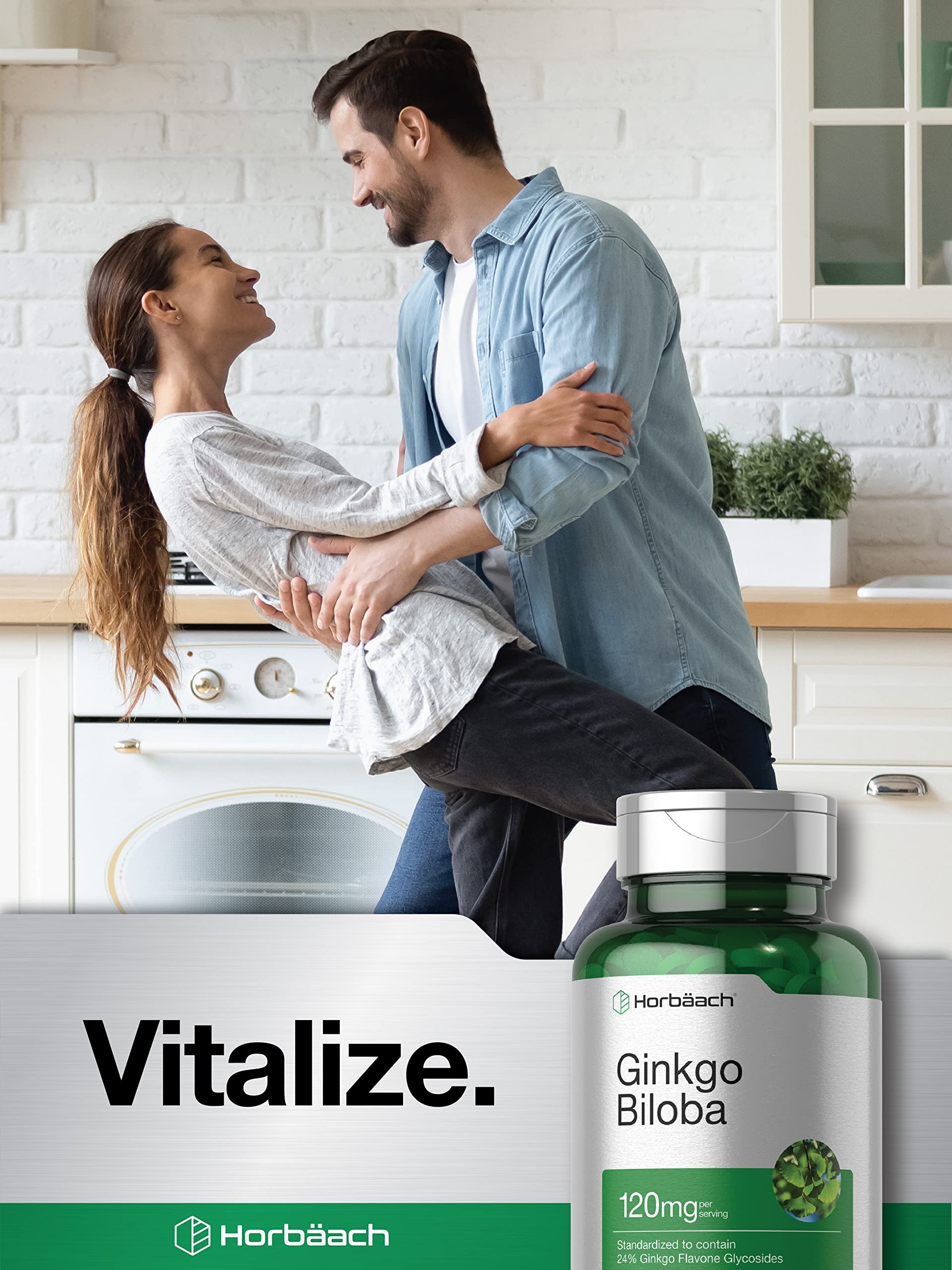 Horbaach Ginkgo Biloba labeling notes gluten-free and non-GMO safety for sensitive diets.