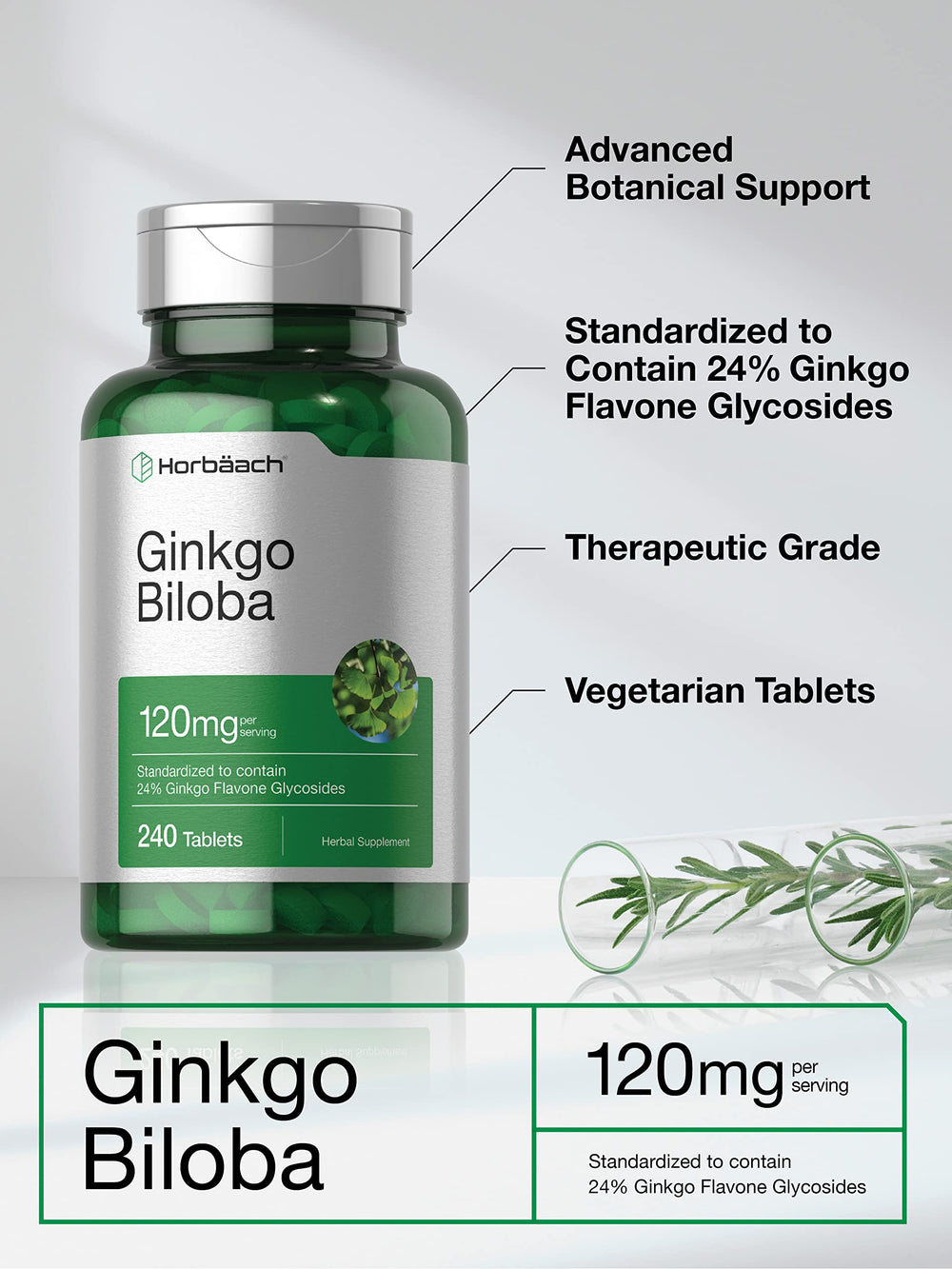 Horbaach Ginkgo Biloba standardized extract label emphasizes potency and consistency.
