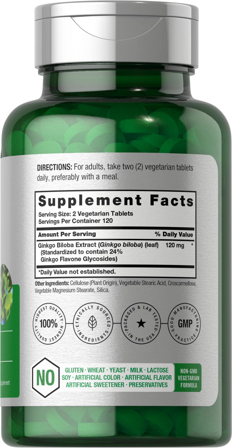 Close-up of Horbaach Ginkgo Biloba tablets highlighting vegetarian formula for daily use.