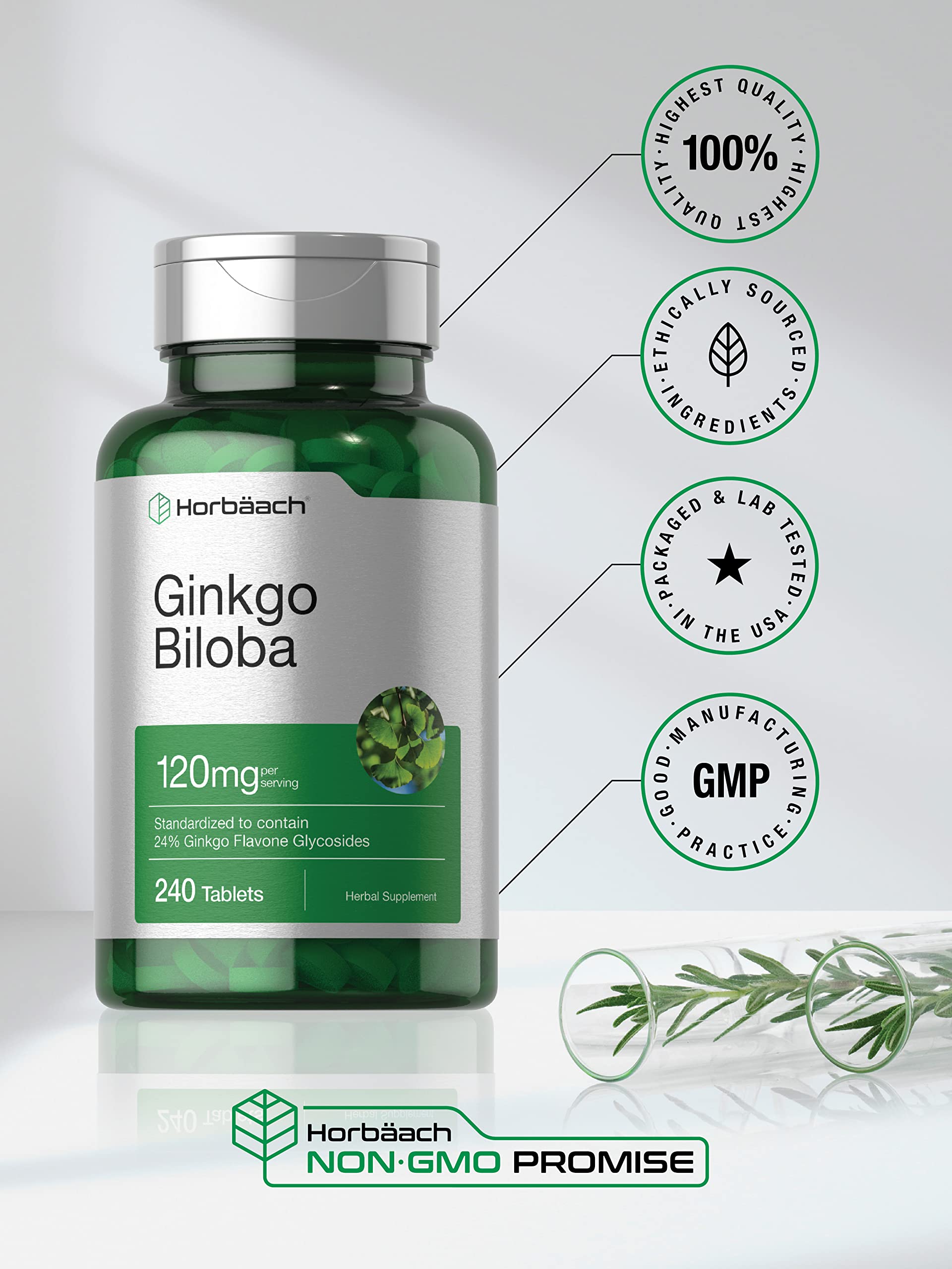 Horbaach Ginkgo Biloba vegetarian tablets emphasizing non-GMO and dairy-free features.