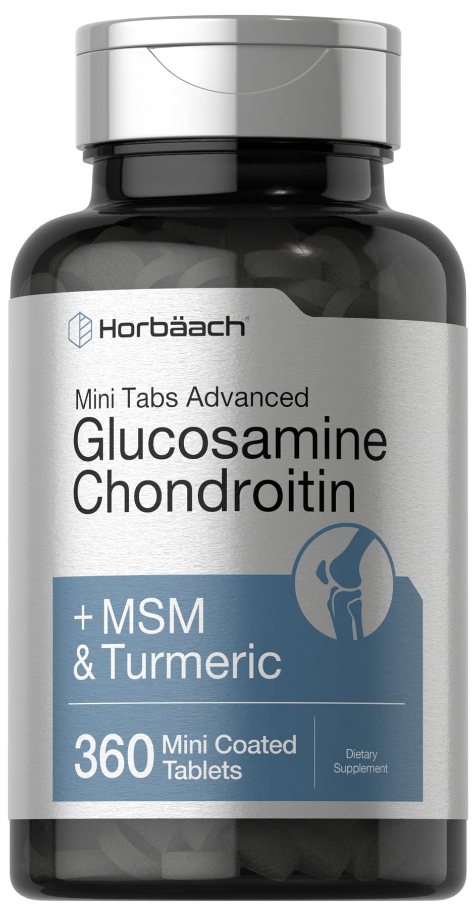 Horbäach glucosamine chondroitin msm turmeric tablets closeup for daily joint support.