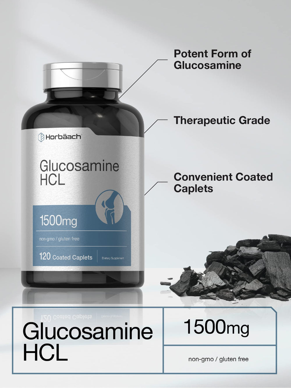 Horbäach Glucosamine HCL label with ingredients and non-GMO claim