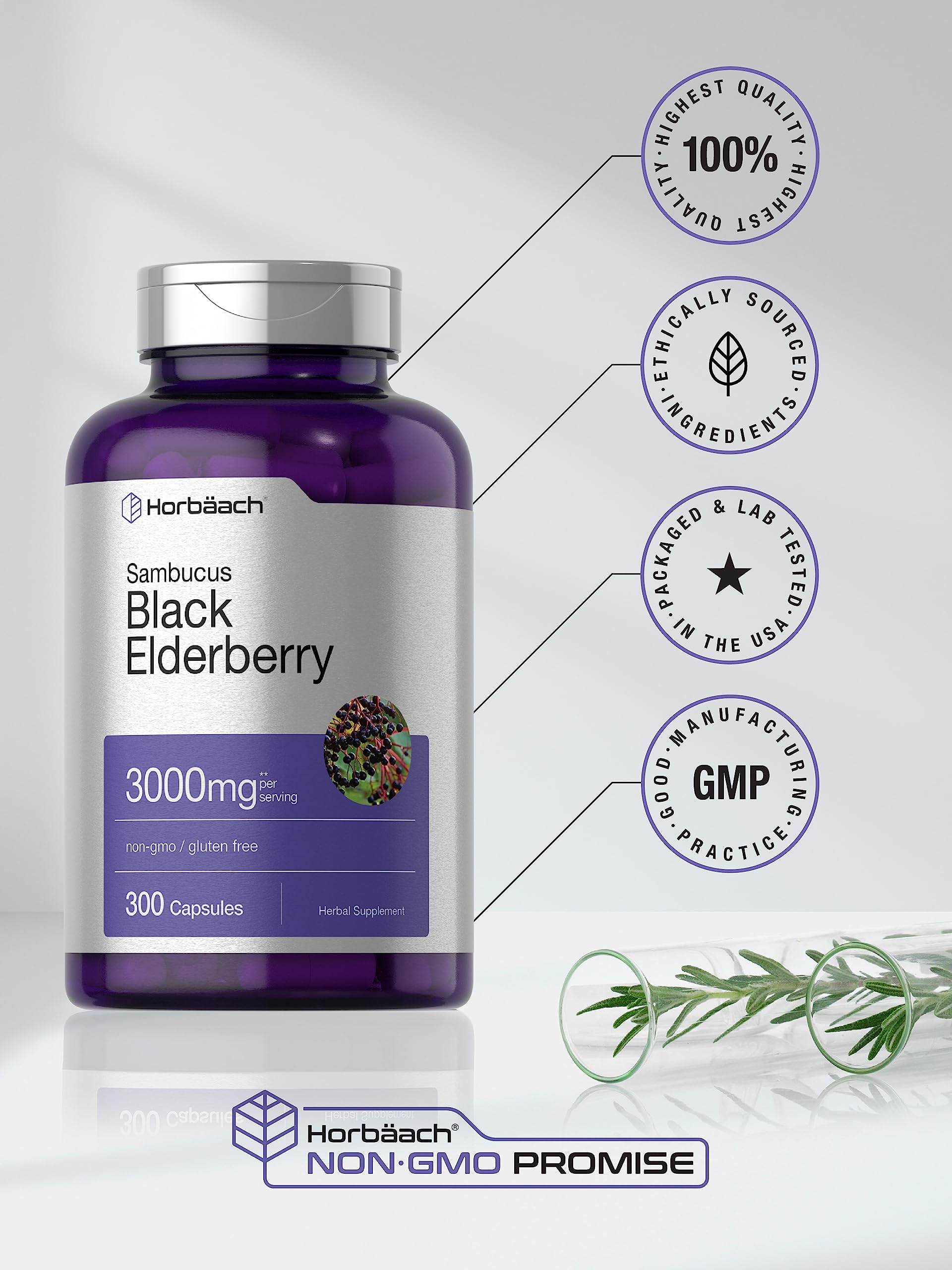 Horbäach gluten free non GMO elderberry bottle highlights dietary compatibility