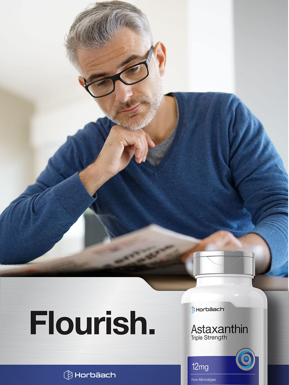 Gluten-free and non-GMO icons accompany Horbaach Astaxanthin nutrition