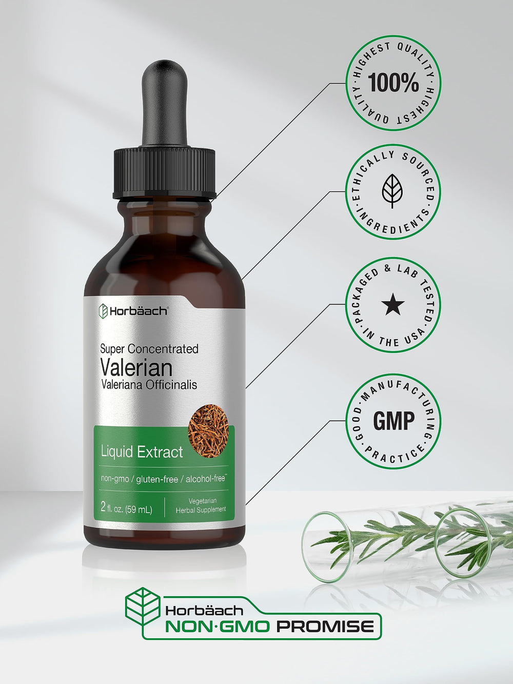 Horbäach gluten-free and non-GMO formula on bottle for mindful wellness.