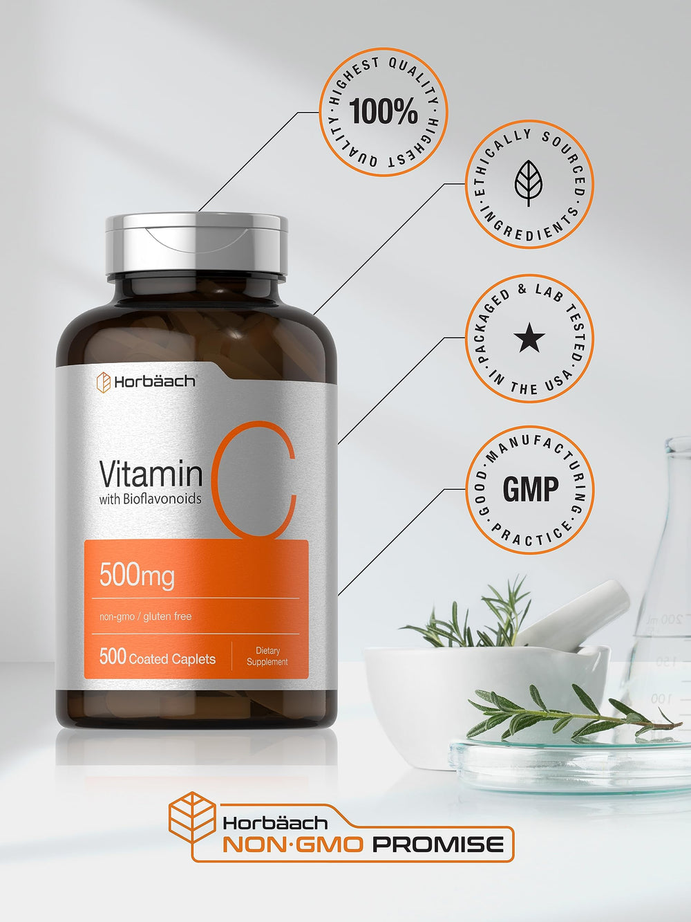 Gluten-free, non-GMO Horbäach vitamin C supplement label.