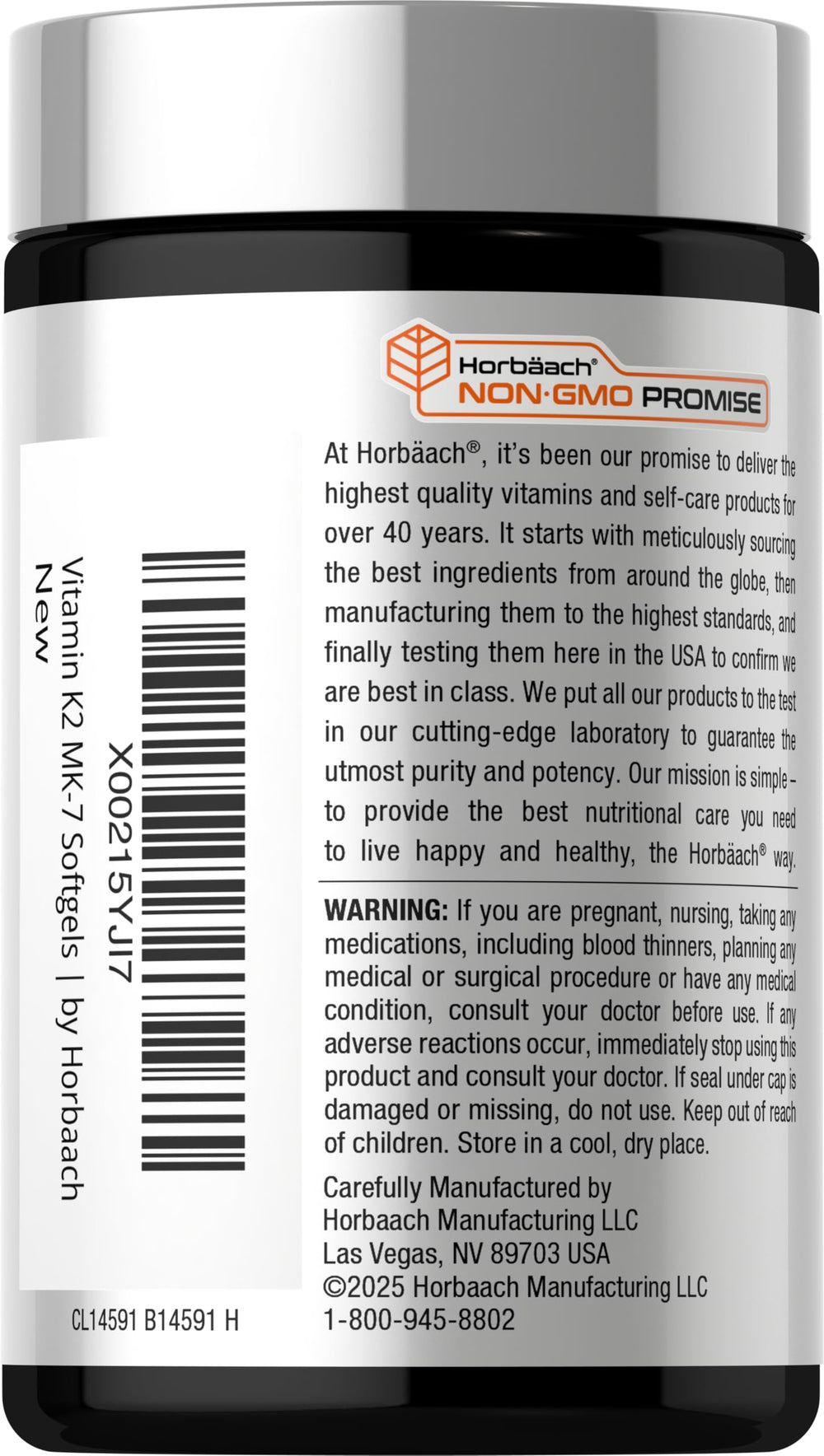 Gluten-free non-GMO label on Horbaach Vitamin D3 K2 bottle.