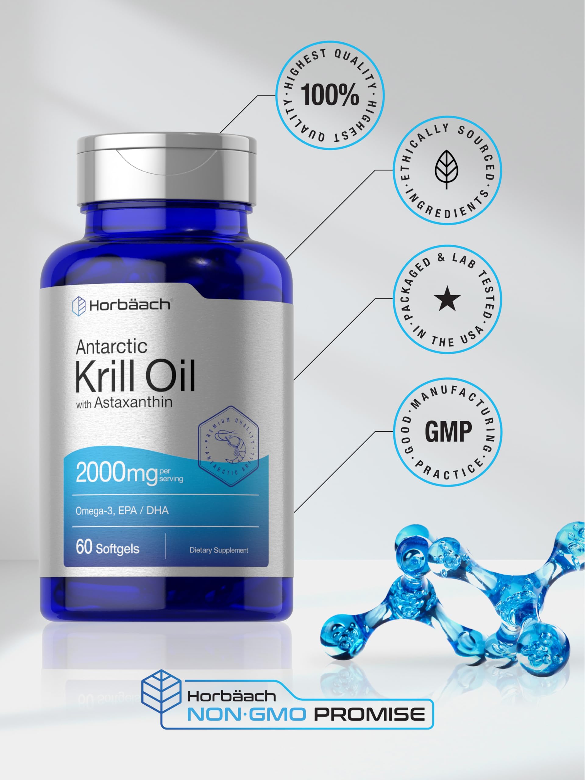Horbaach gluten-free non-GMO label on krill oil packaging