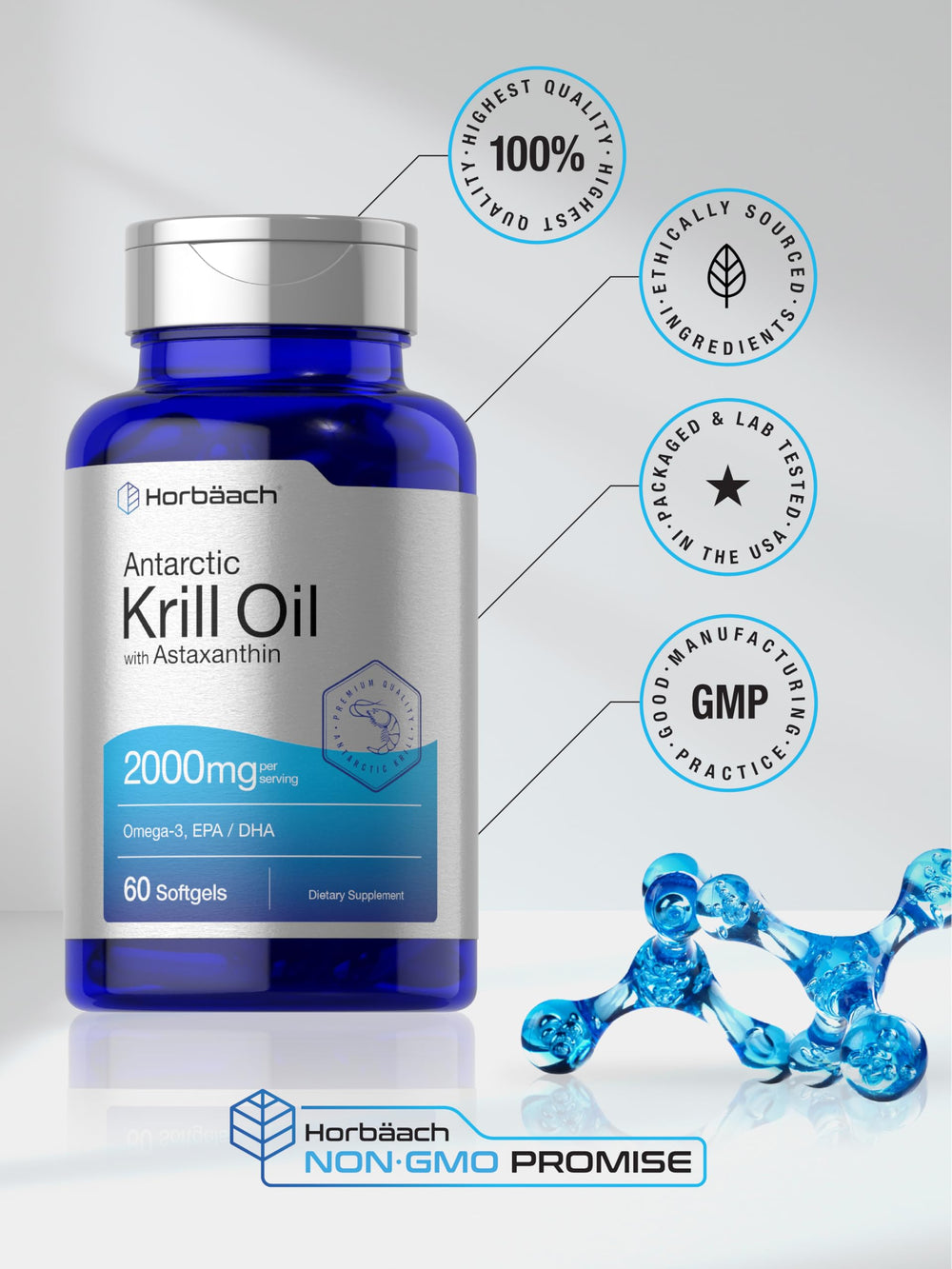 Horbaach gluten-free non-GMO label on krill oil packaging