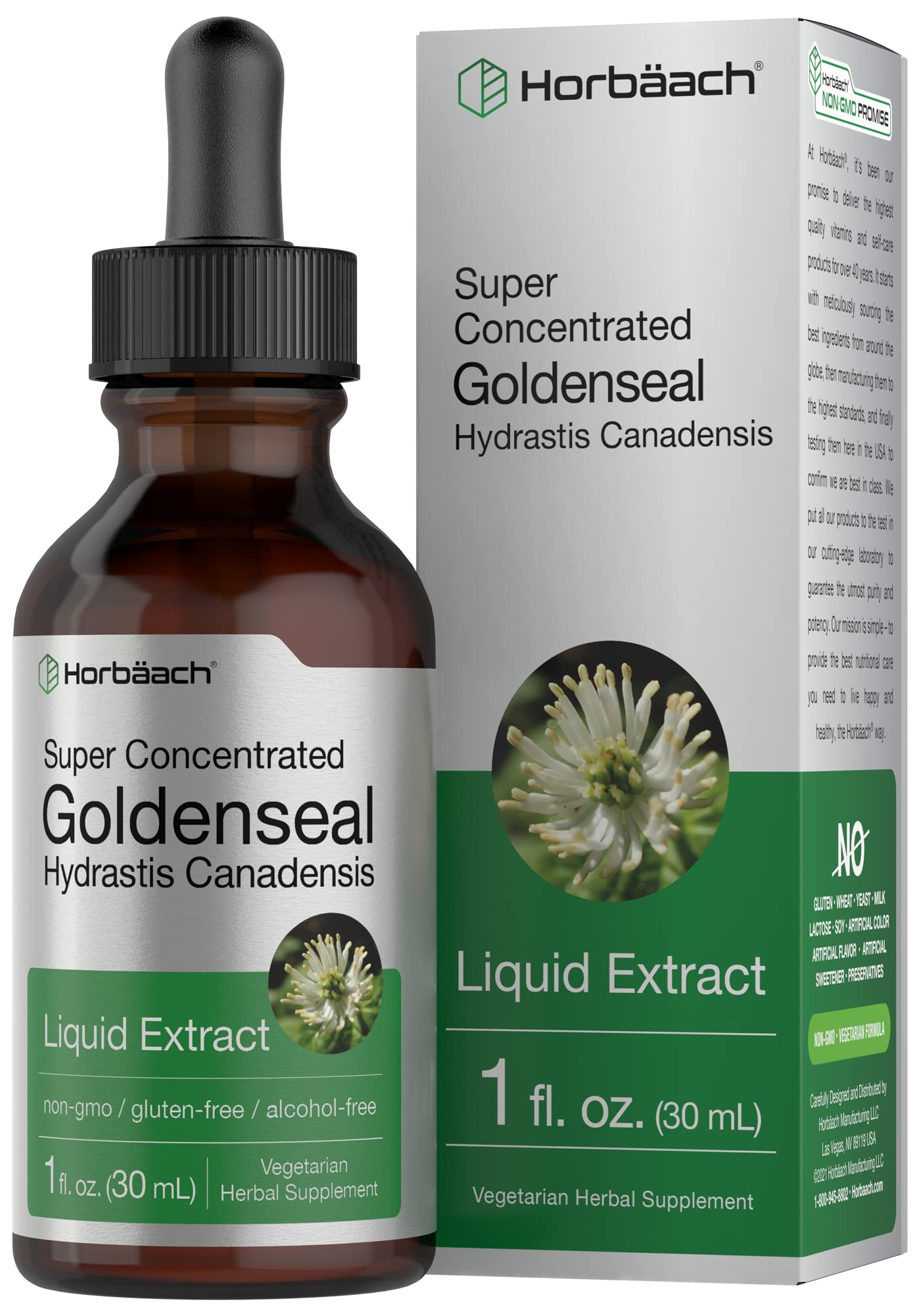 Horbaach Goldenseal tincture bottle showing alcohol-free extract for daily use.