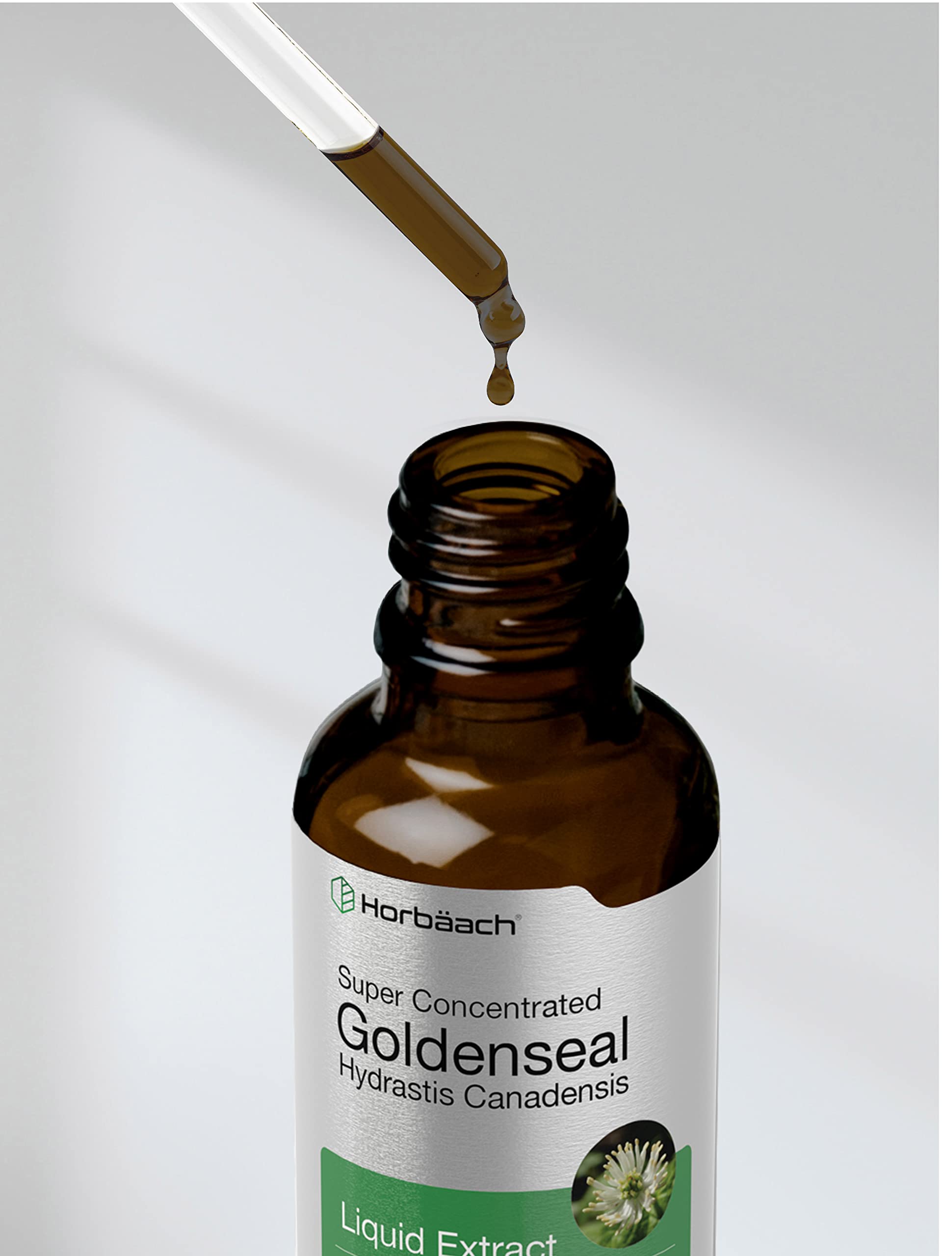 Horbaach Goldenseal tincture packaging highlights convenient 1 fl oz bottle.