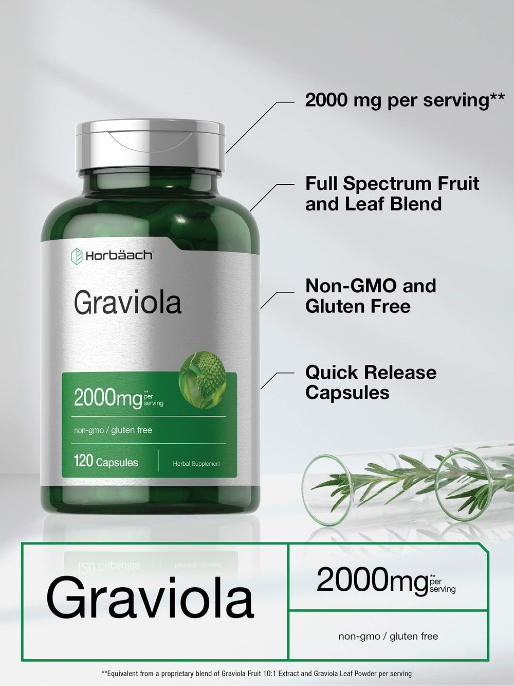Close-up of Horbäach Graviola capsules showing easy dosing.
