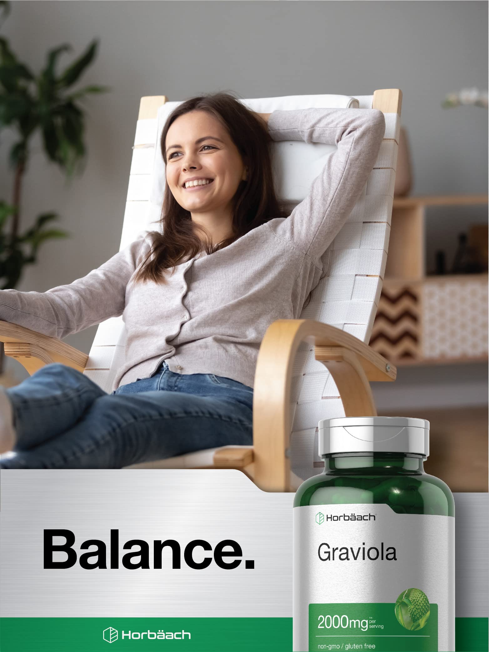 Lab-tested seal on Horbäach Graviola capsules assuring quality.