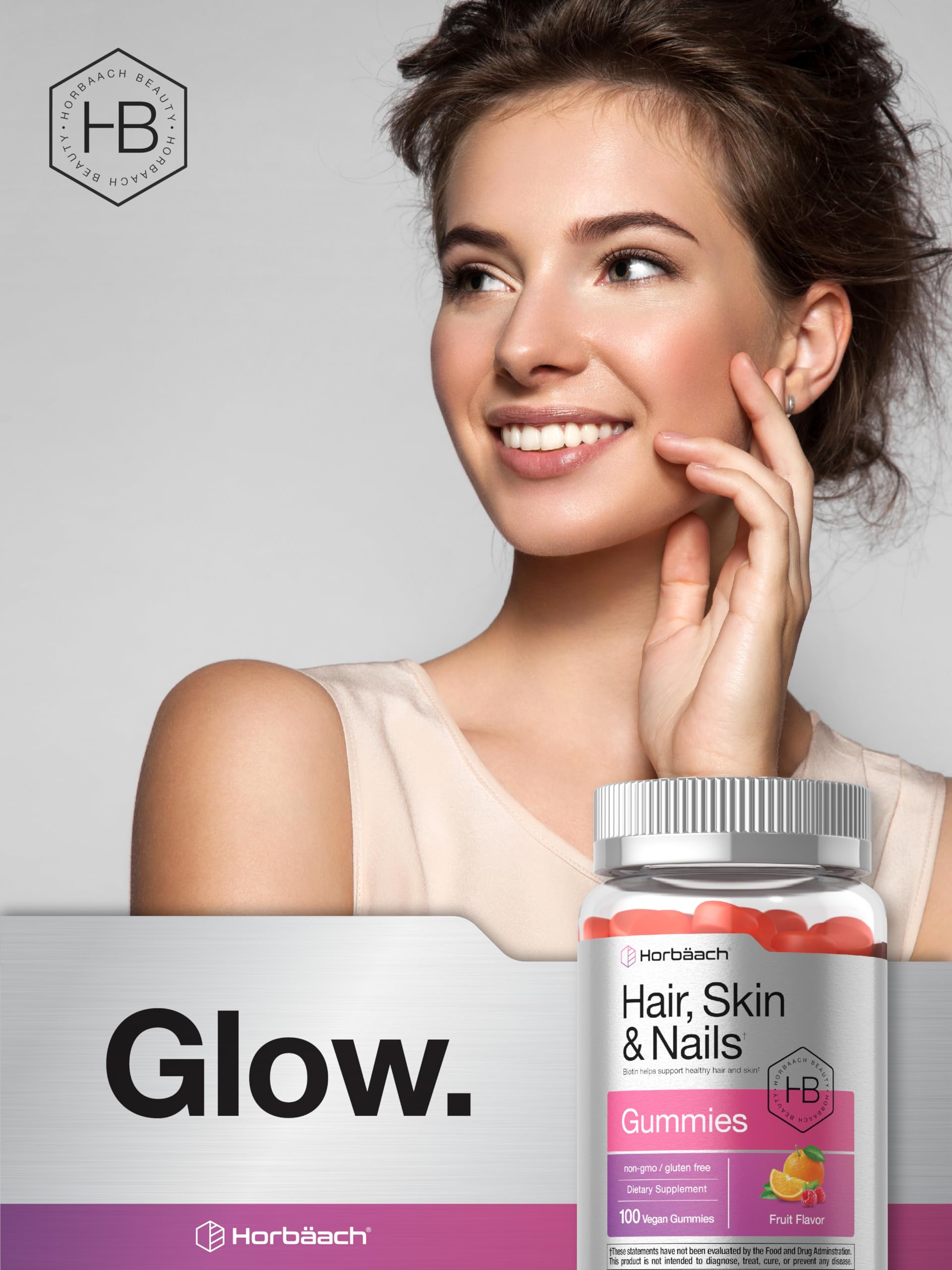 Close-up of vitamin blend on Horbäach bottle with Biotin, C, and E