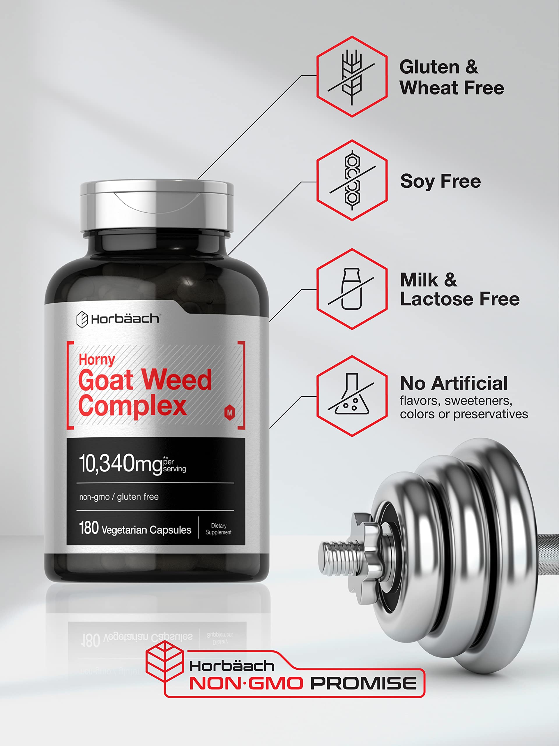 Horbäach Horny Goat Weed Complex label details show gluten-free and non-GMO promise.