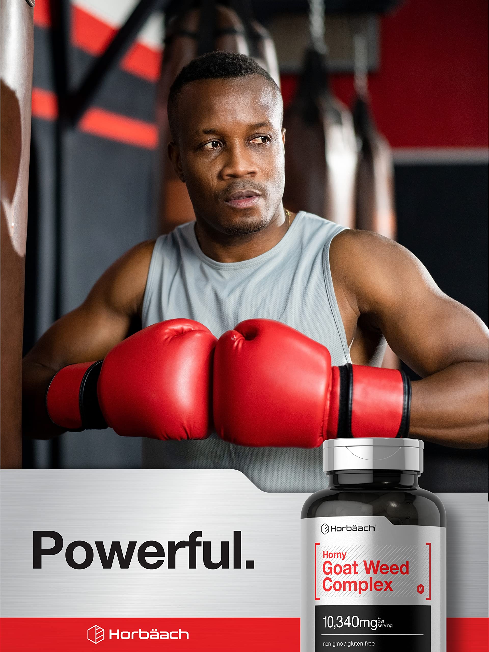 Horbäach Horny Goat Weed Complex packaging graphic, premium herbal formulation.