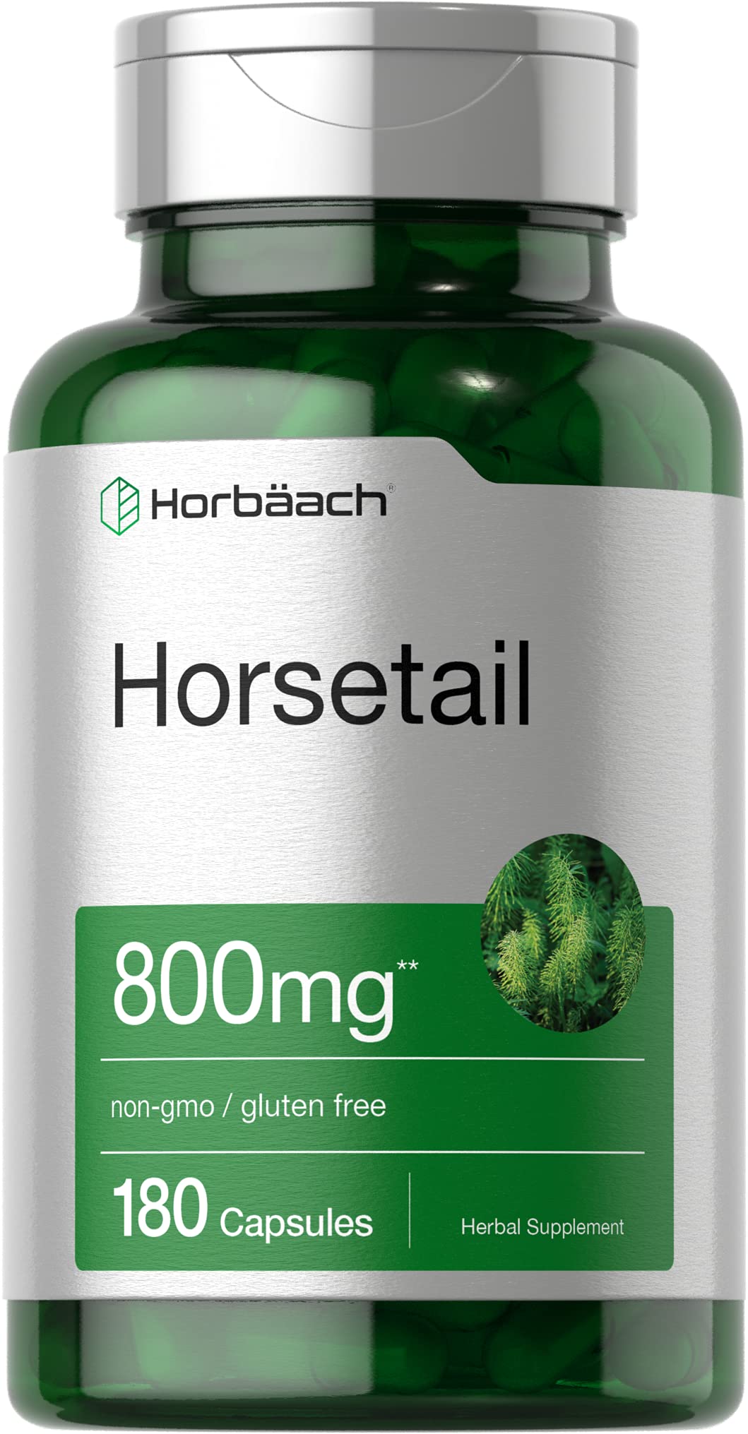 Horbäach Horsetail bottle and cap display premium packaging for convenient supplement access.