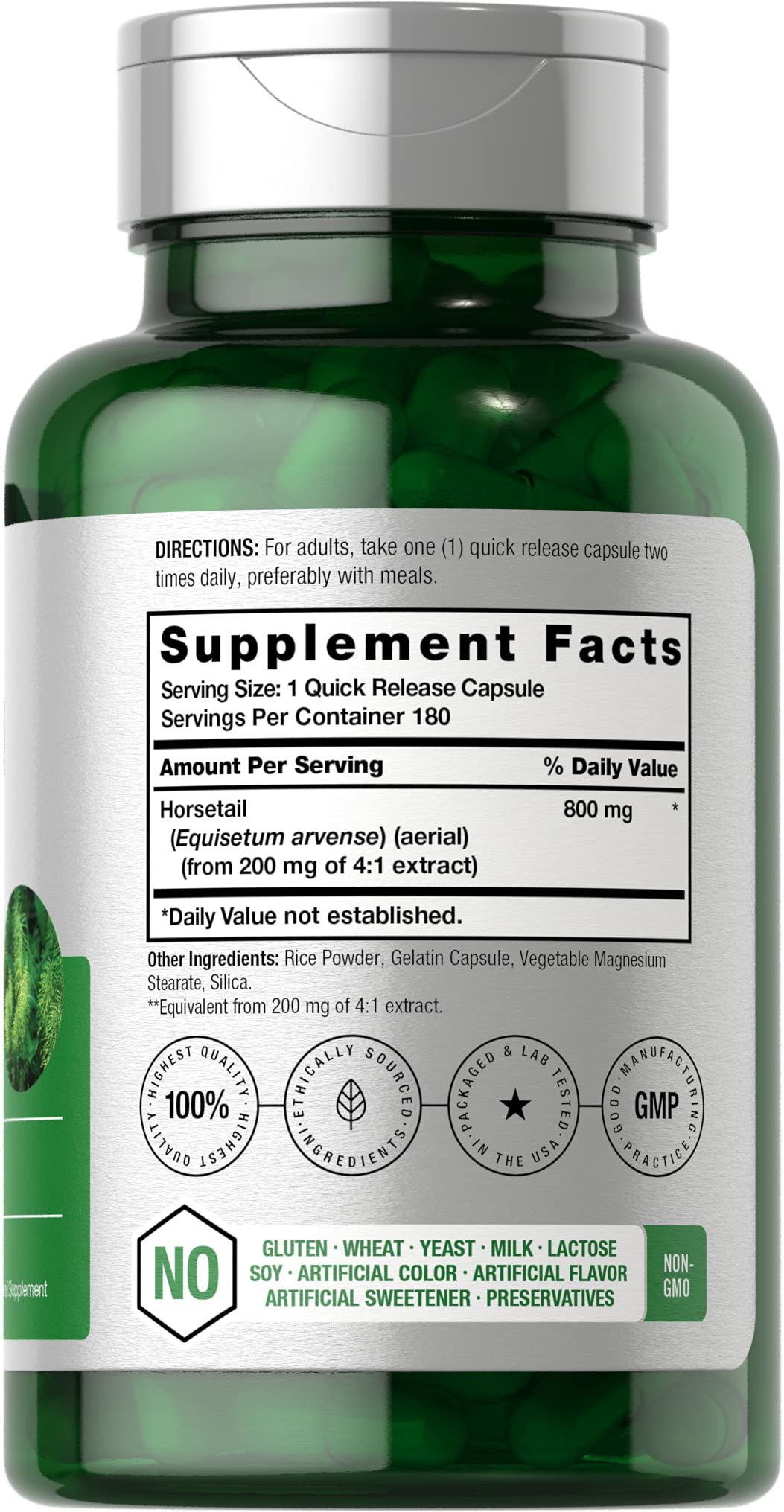 Horbäach Horsetail capsules closeup highlights uniform 800 mg extract per capsule.