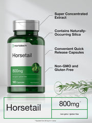 Horbäach Horsetail label detail emphasizes purity, non-GMO and gluten-free claims.