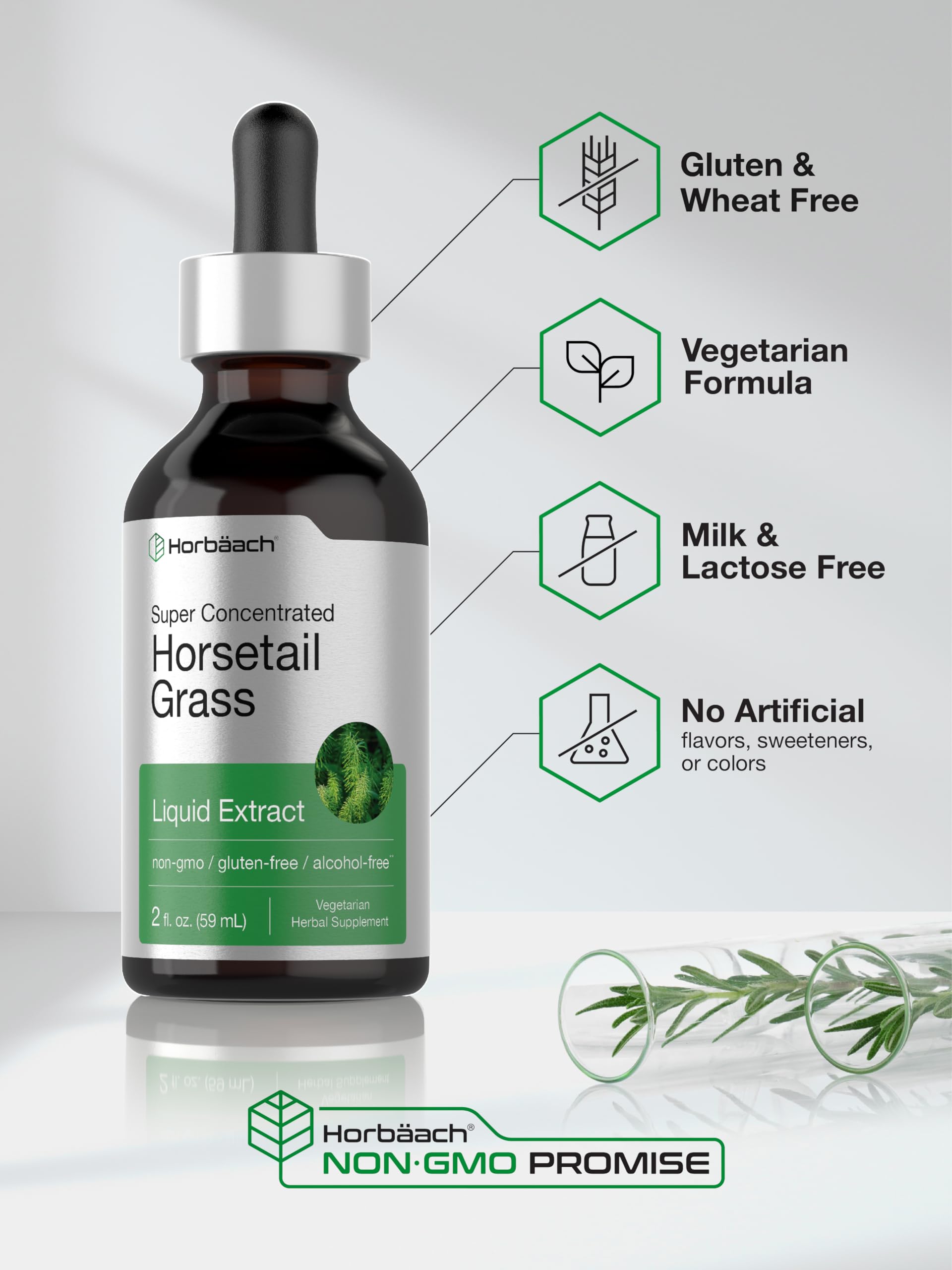 Horbäach Horsetail Liquid Extract label showing gluten-free and non-GMO claims