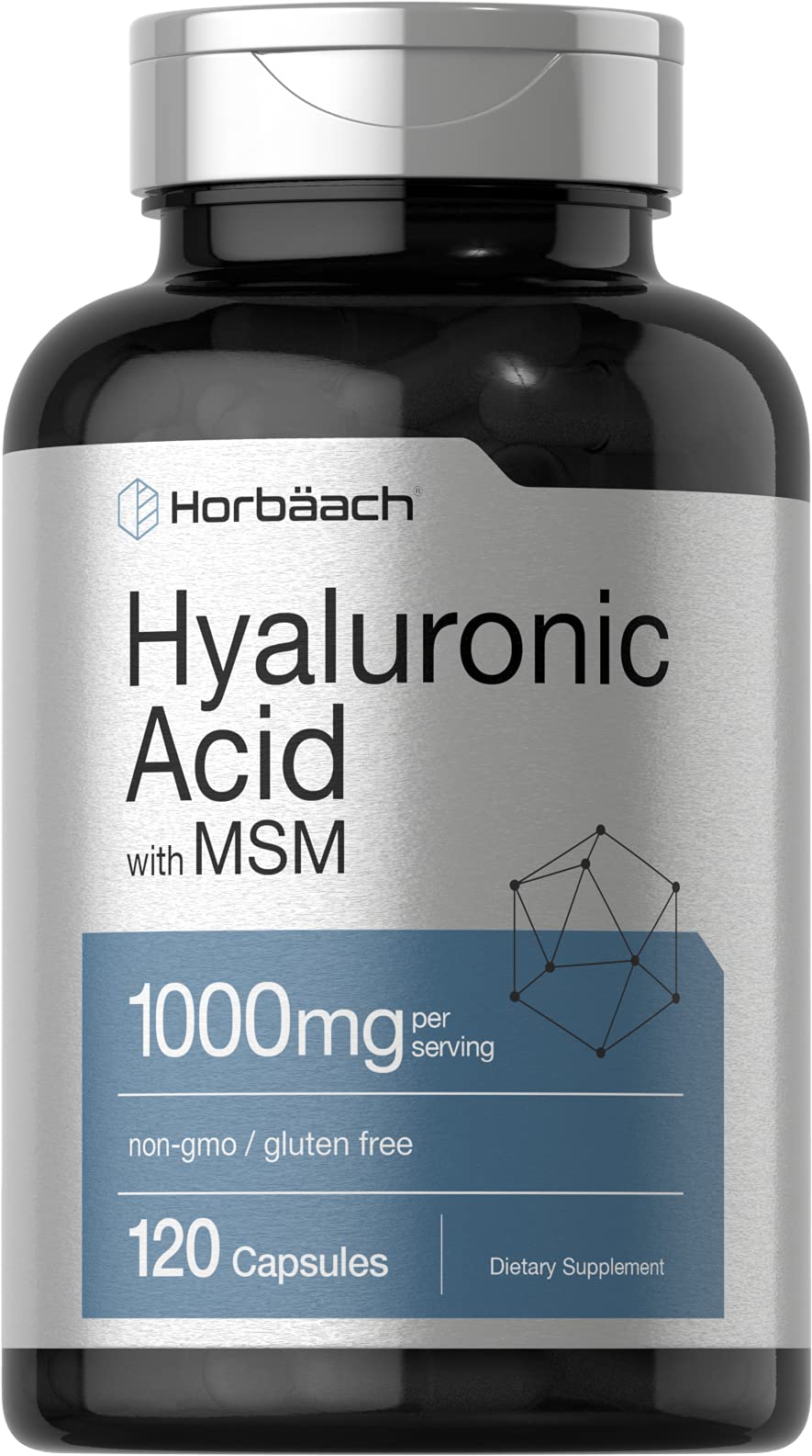 Horbäach Hyaluronic Acid with MSM capsules bottle label showing 1000 mg per serving.