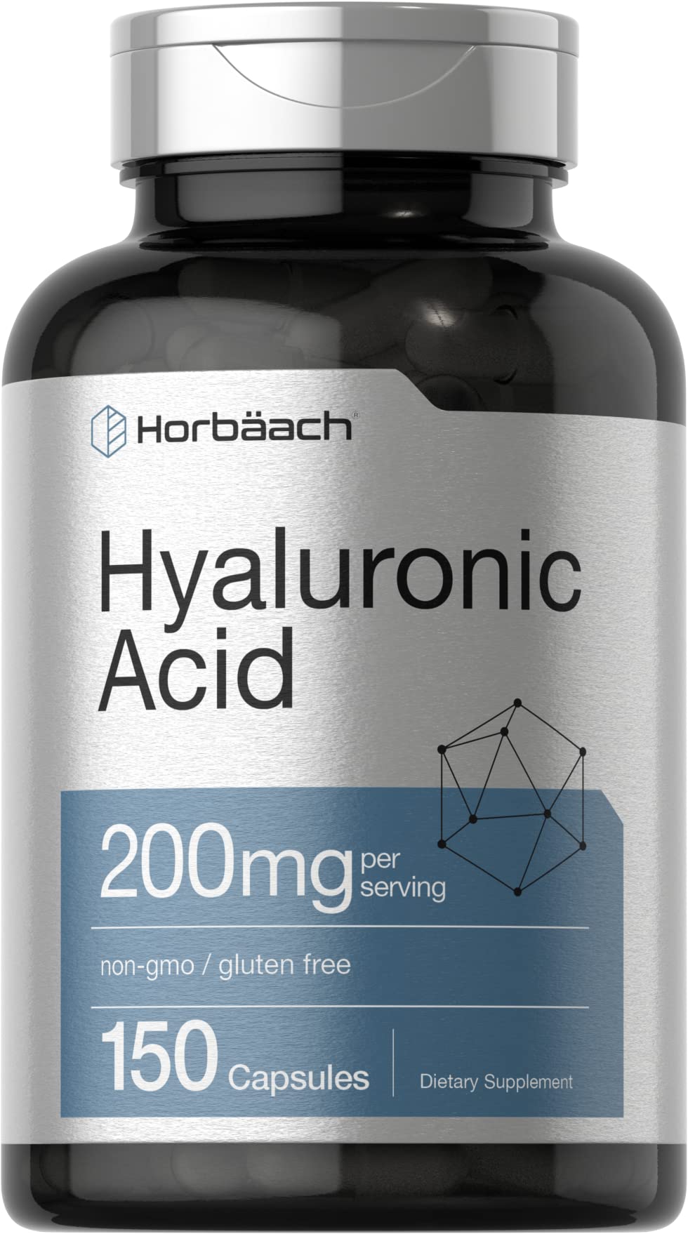 Horbäach Hyaluronic Acid supplement bottle with 200 mg capsules for daily wellness.
