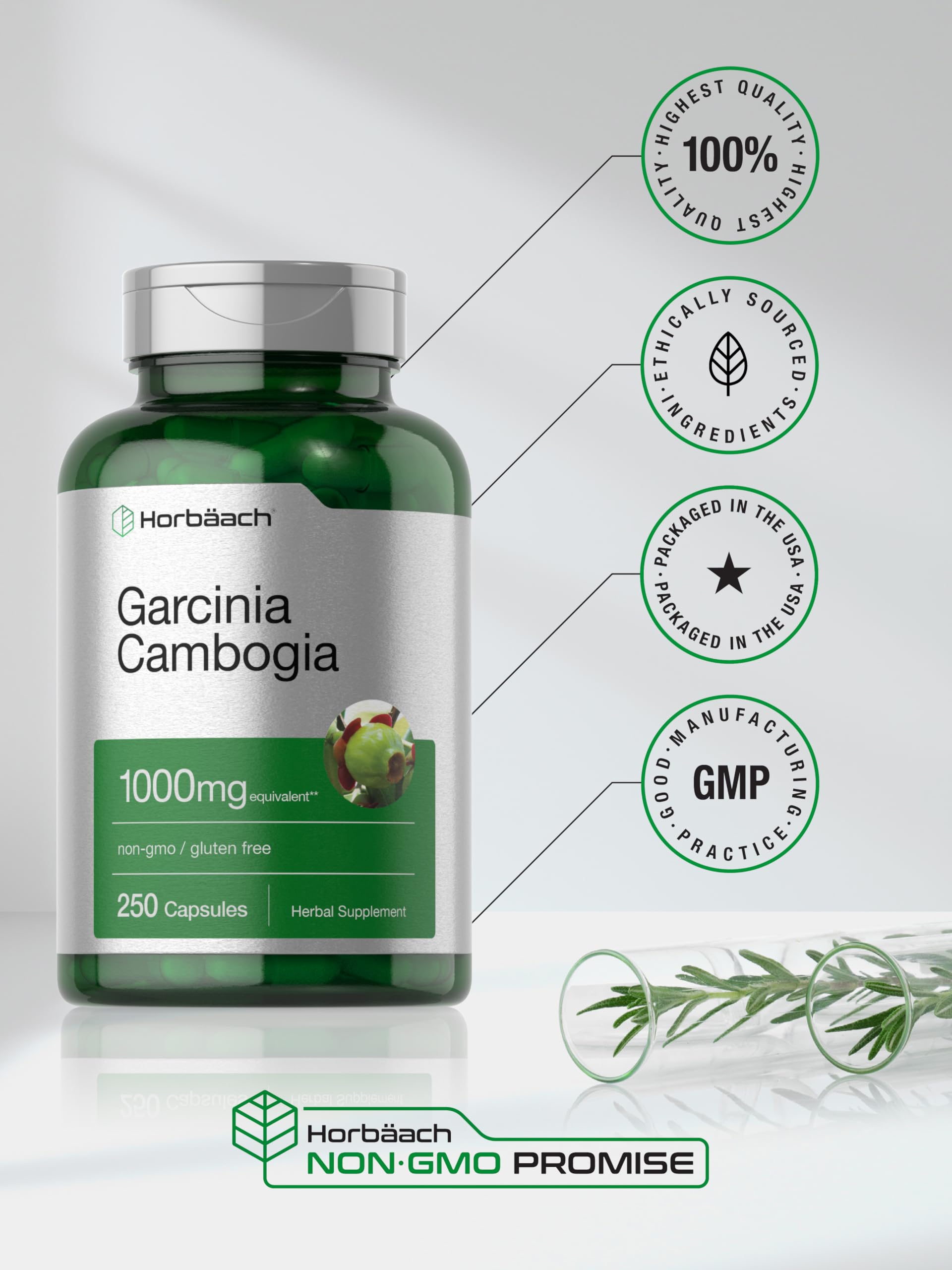 Horbaach Garcinia Cambogia ingredients panel emphasizing natural extract.