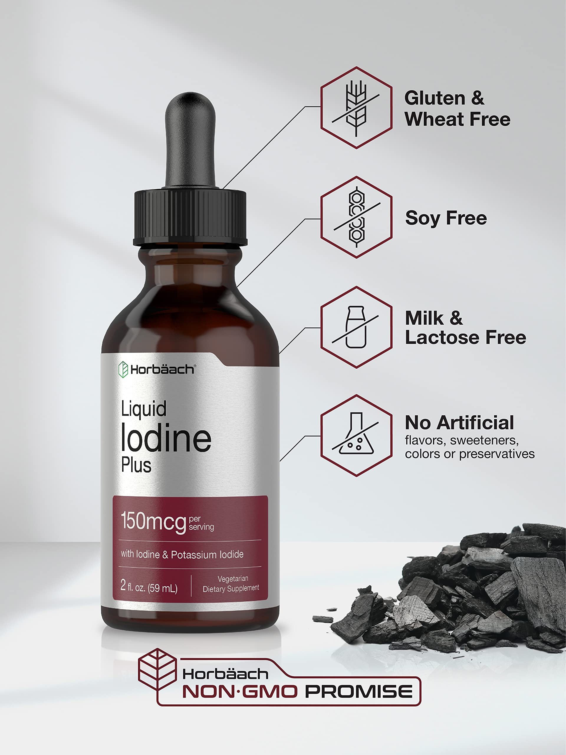 Horbäach Iodine Liquid Drops glass bottle close-up highlighting premium formula.