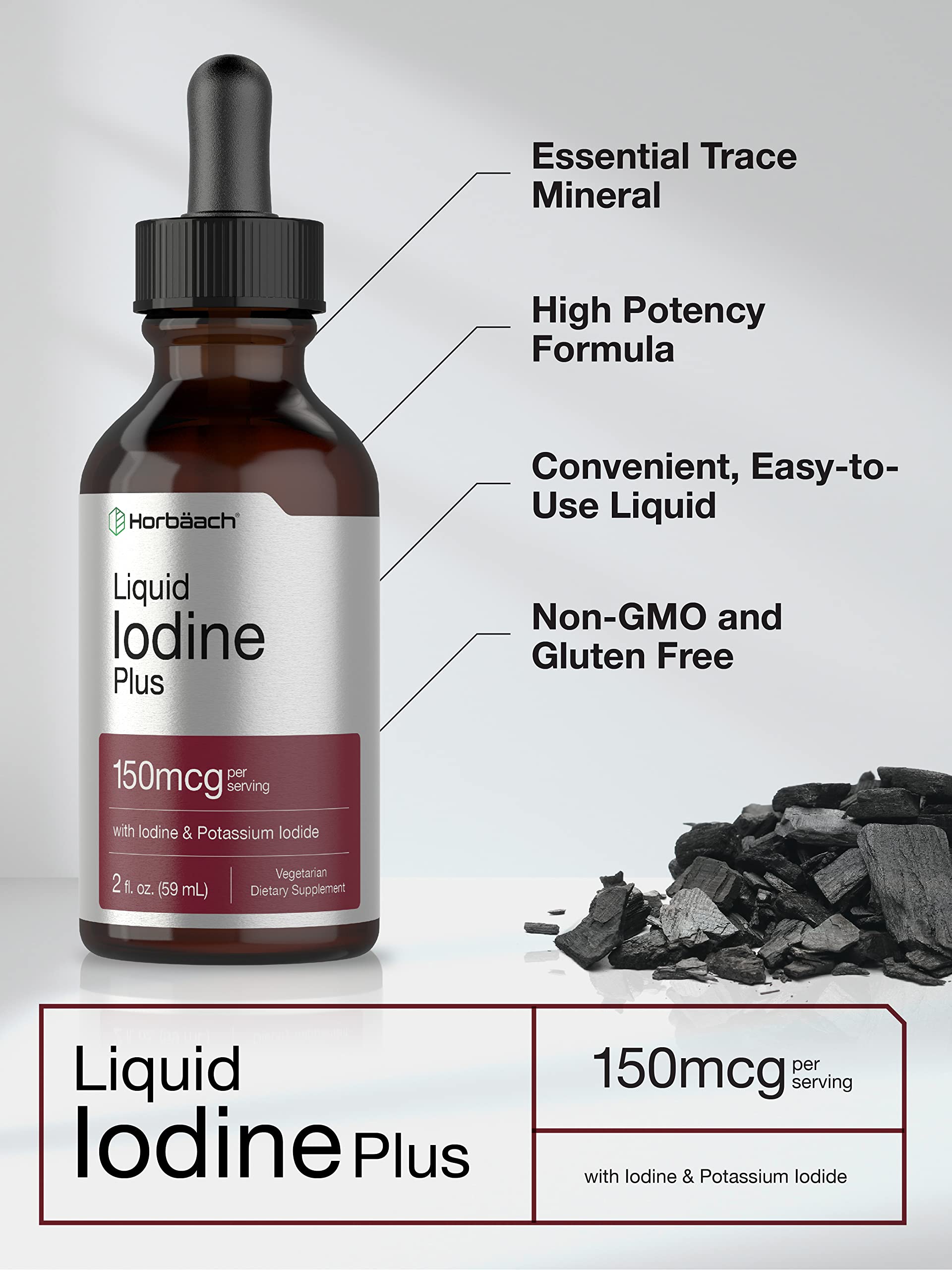 Horbäach Iodine Liquid Drops ingredients panel featuring iodine and potassium iodide.