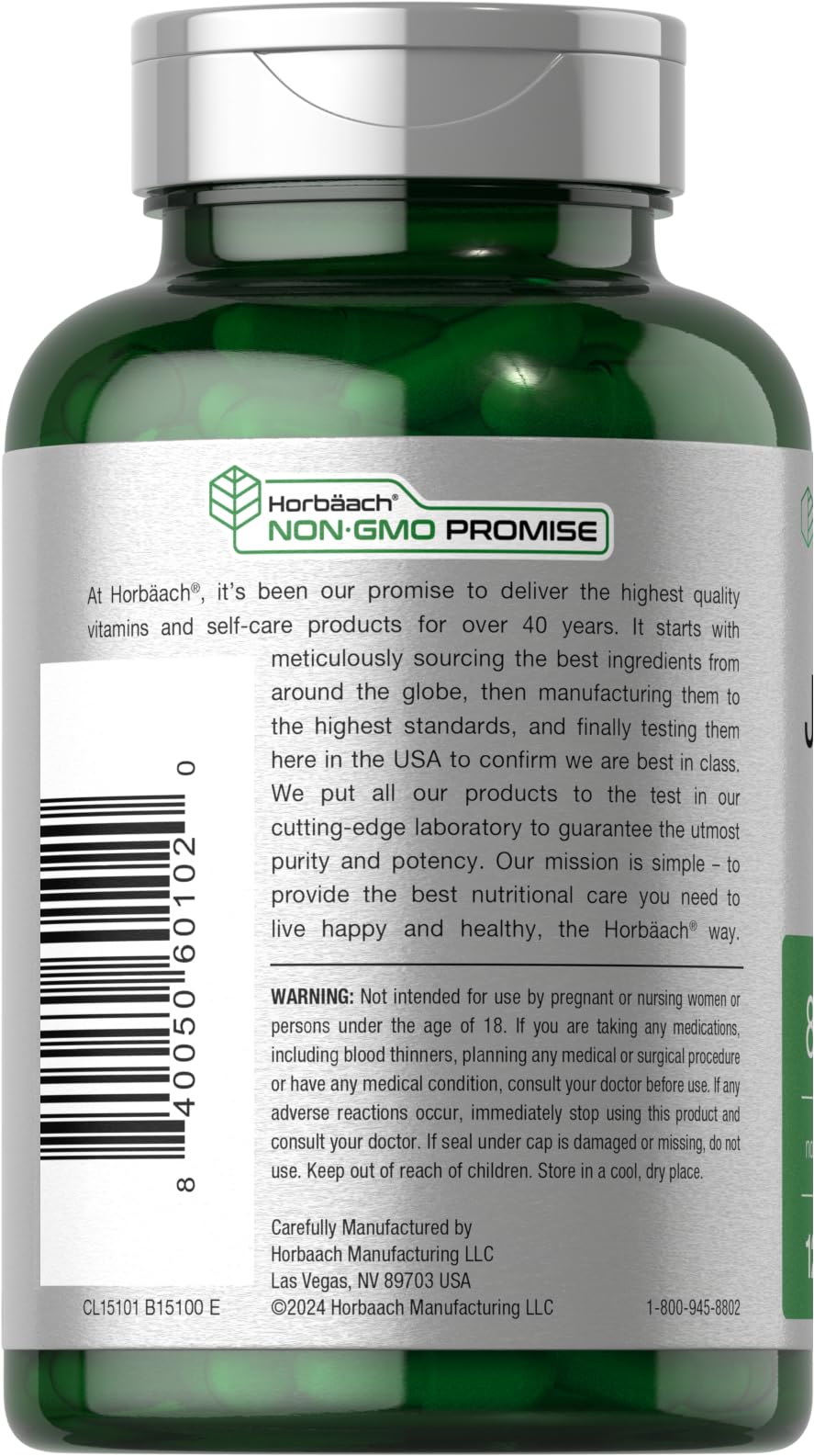Horbäach Jiaogulan label close-up highlighting gluten-free and non-GMO.