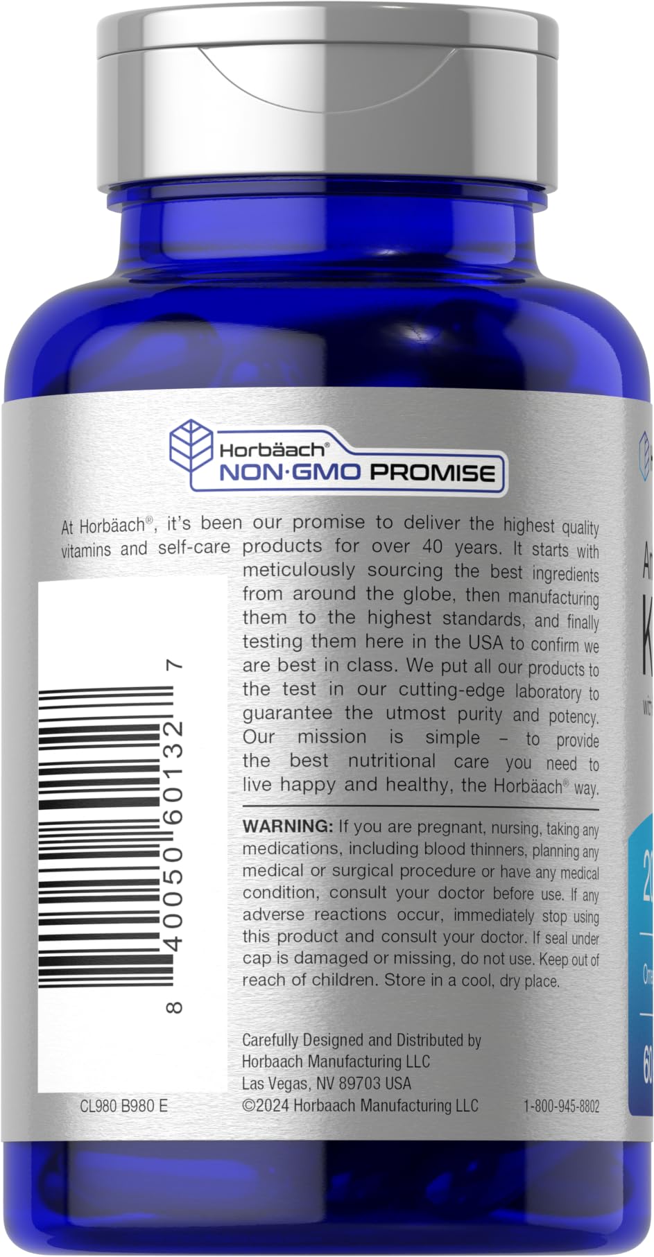 Horbaach krill oil bottle label shows gluten-free and non-GMO status