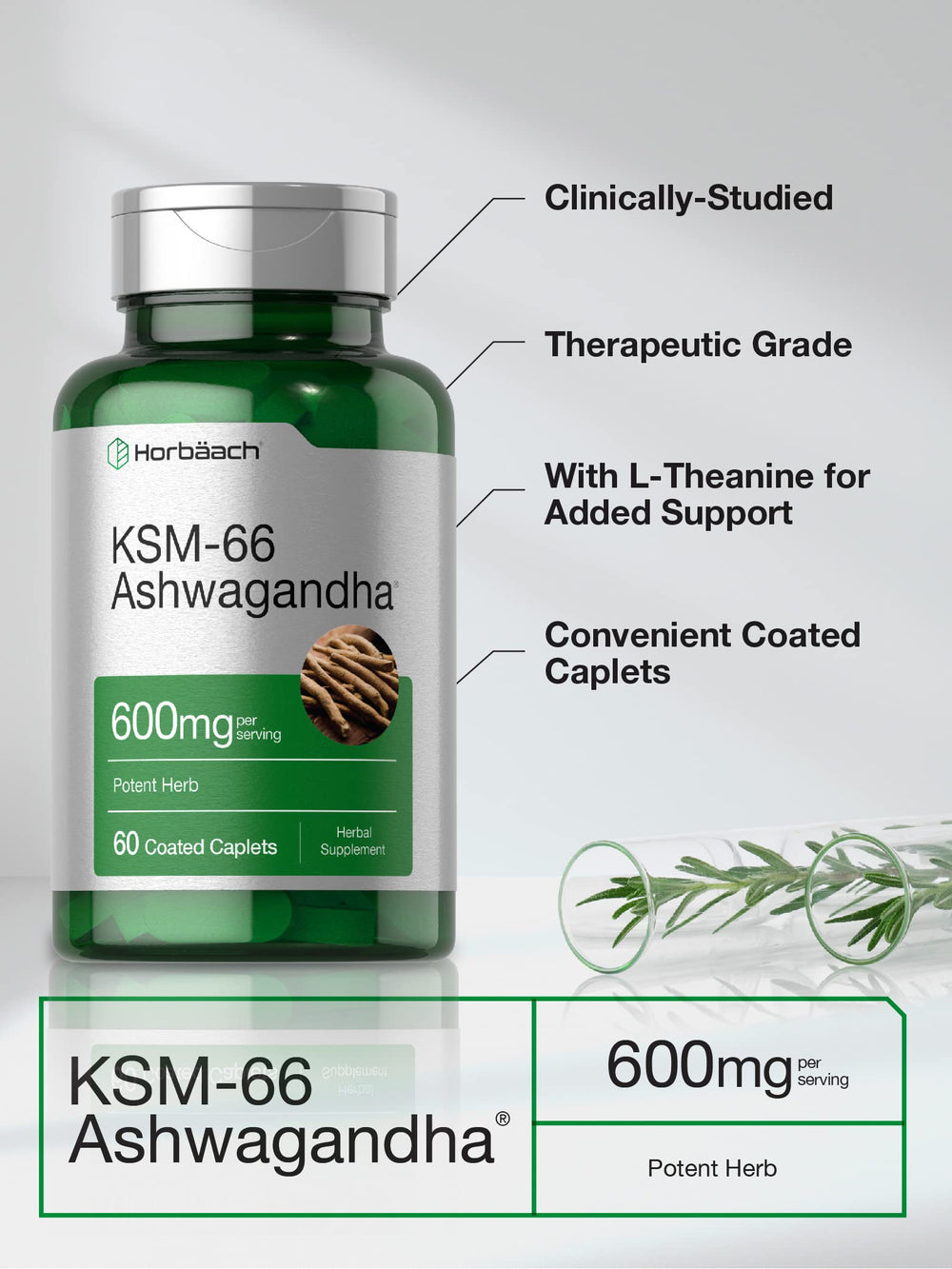 Horbäach KSM-66 Ashwagandha capsule closeup of coated caplets for easy swallowing.