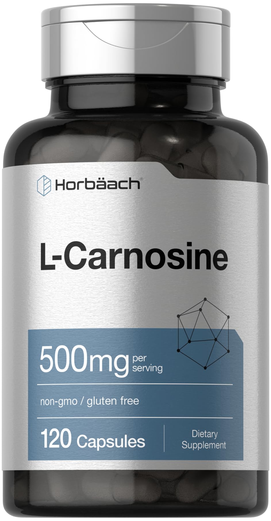 Horbäach L-Carnosine 500mg bottle highlighting antioxidant properties.