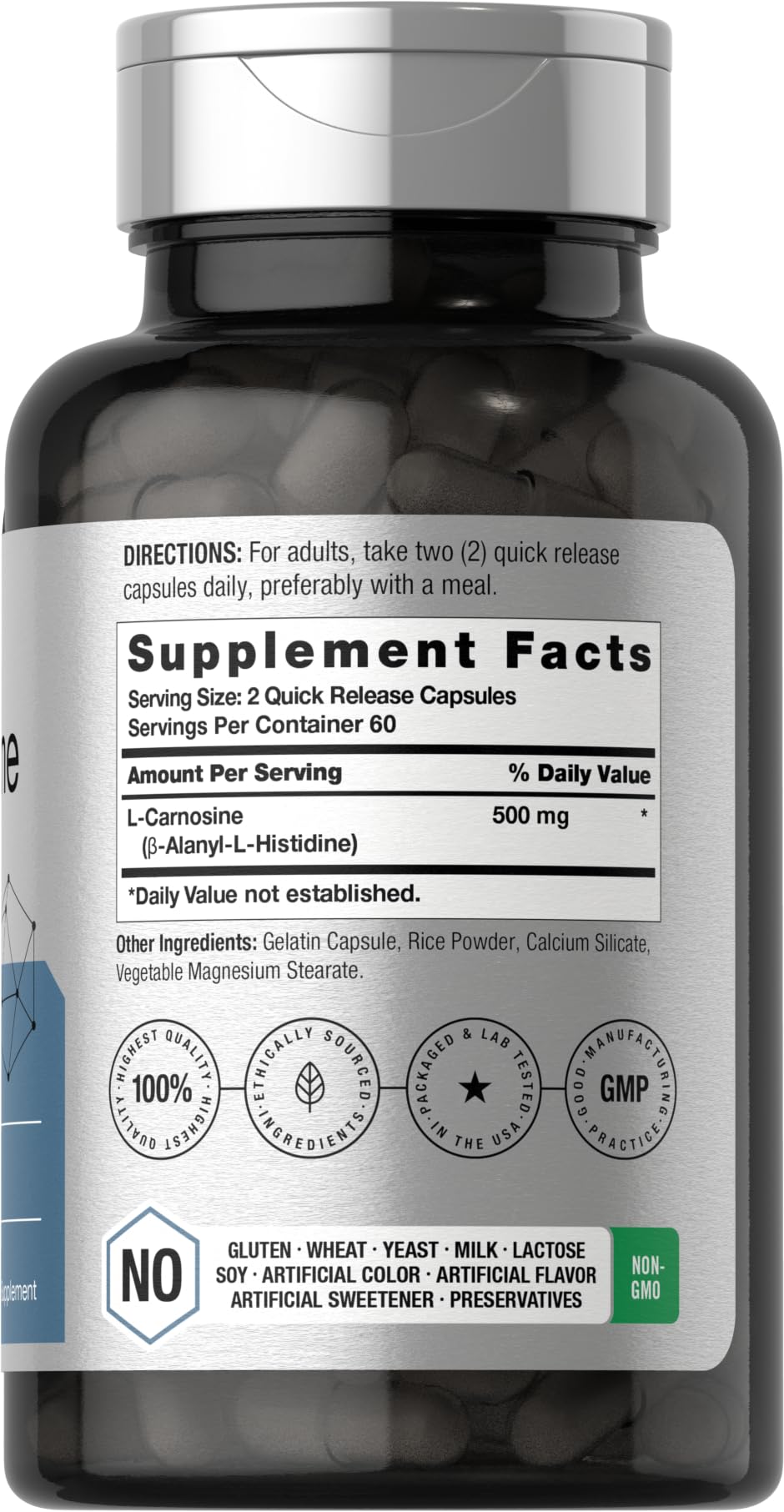 Close-up of L-Carnosine capsules from Horbaach with quick-release design.