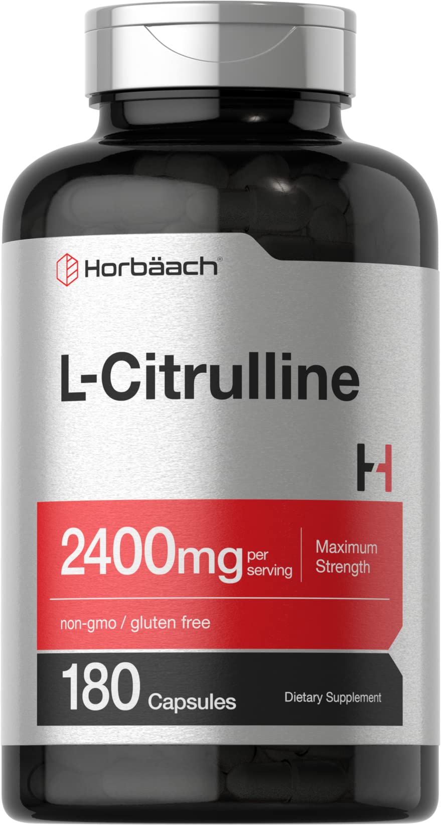 Horbaach L-Citrulline bottle front view highlighting 2400 mg per serving for workouts