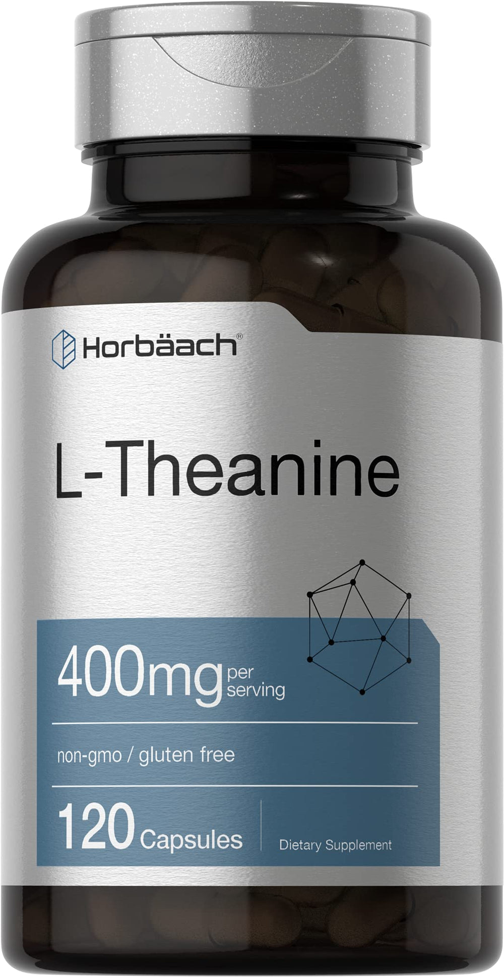 Horbäach L-Theanine 400mg bottle front view highlights clean packaging and dosage information