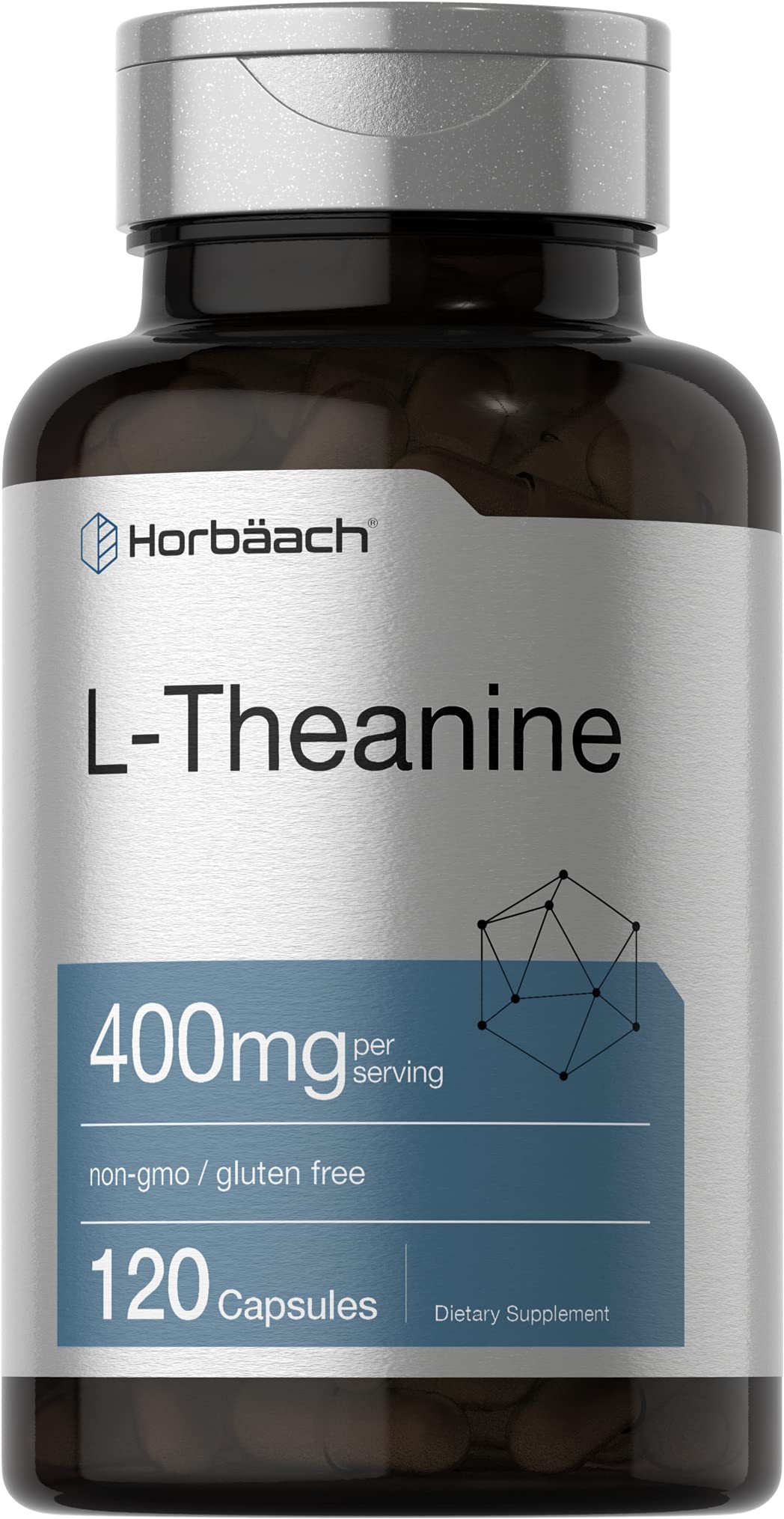 Horbäach L-Theanine 400mg bottle front view highlights clean packaging and dosage information