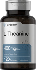 Horbäach L-Theanine 400mg bottle front view highlights clean packaging and dosage information