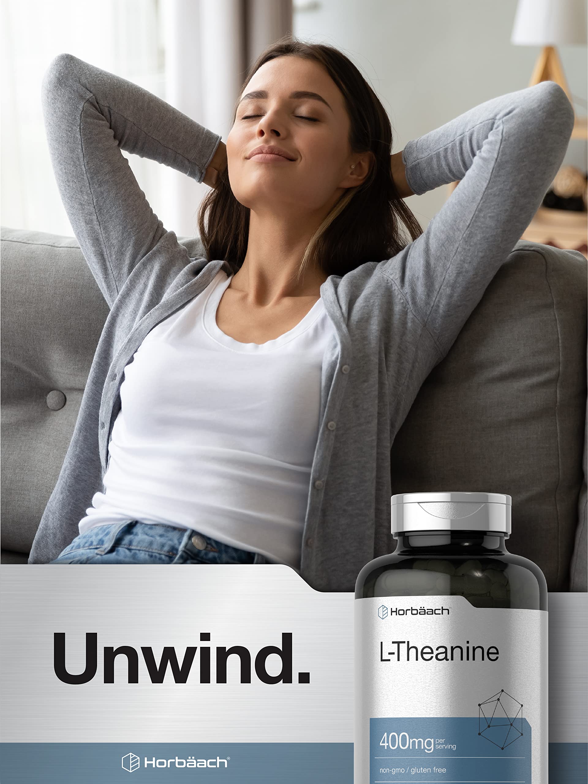 Horbäach L-Theanine 400mg glass bottle premium supplement at home