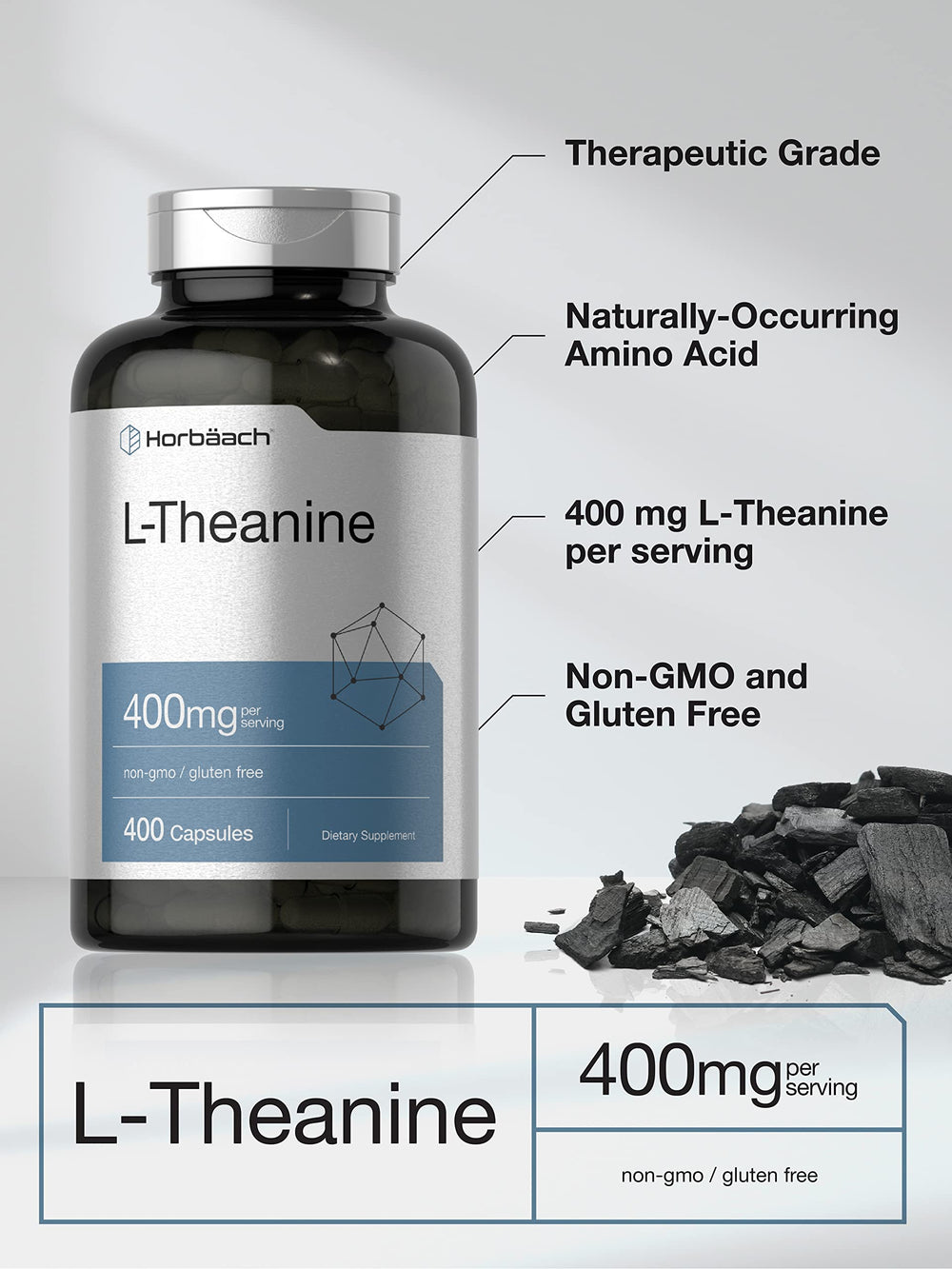 Horbäach L-Theanine 400mg ingredient panel close-up showing purity