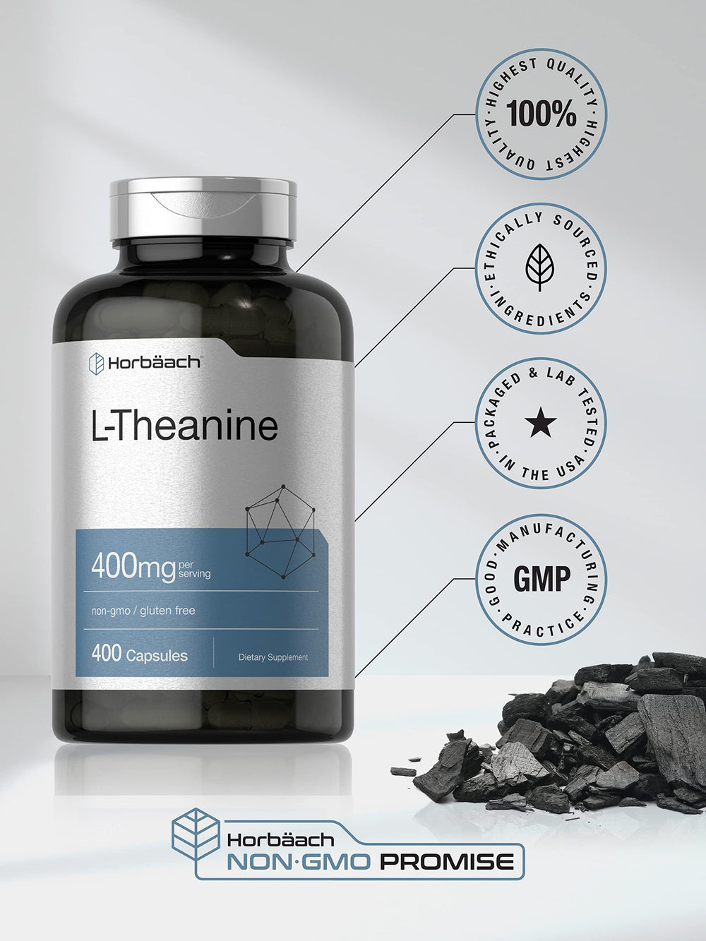 Horbäach L-Theanine 400mg label view with product details and purity