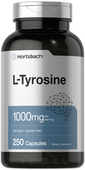 Horbäach L-Tyrosine bottle front showing 1000 mg per serving, gluten-free and non-GMO.